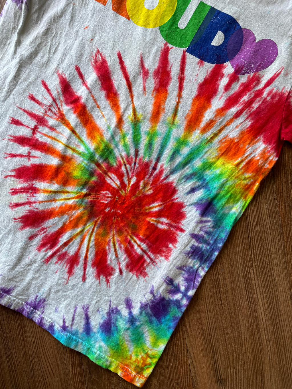 Large Men’s PROUD Handmade Tie Dye T-Shirt | LGBTQIA+ Pride Rainbow Spiral Tie Dye Short Sleeve
