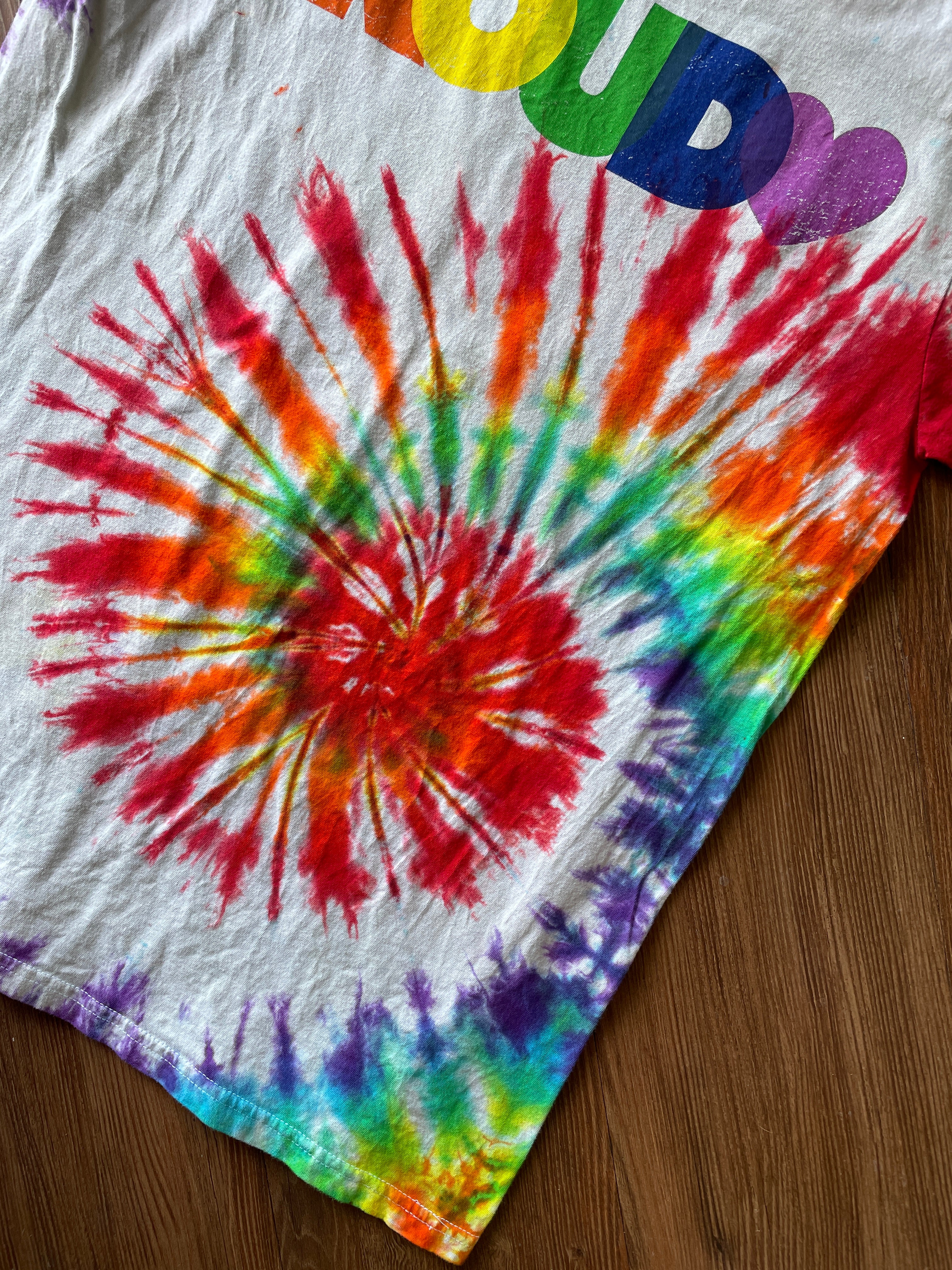Large Men’s PROUD Handmade Tie Dye T-Shirt | LGBTQIA+ Pride Rainbow Spiral Tie Dye Short Sleeve