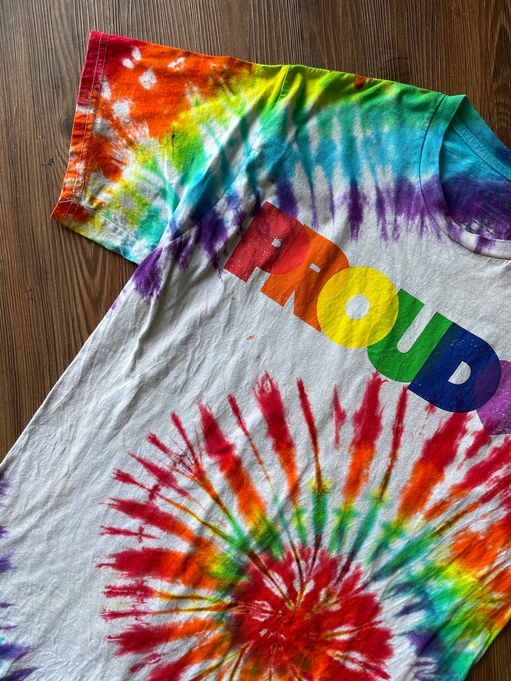 Large Men’s PROUD Handmade Tie Dye T-Shirt | LGBTQIA+ Pride Rainbow Spiral Tie Dye Short Sleeve