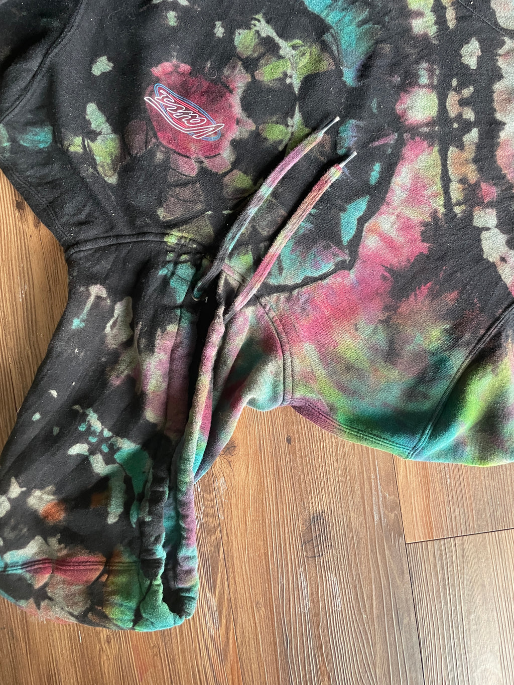 LARGE Men’s Vans Neon Skeleton Pizza Handmade Geode Tie Dye Sweatshirt | Rainbow and Black Long Sleeve Hoodie