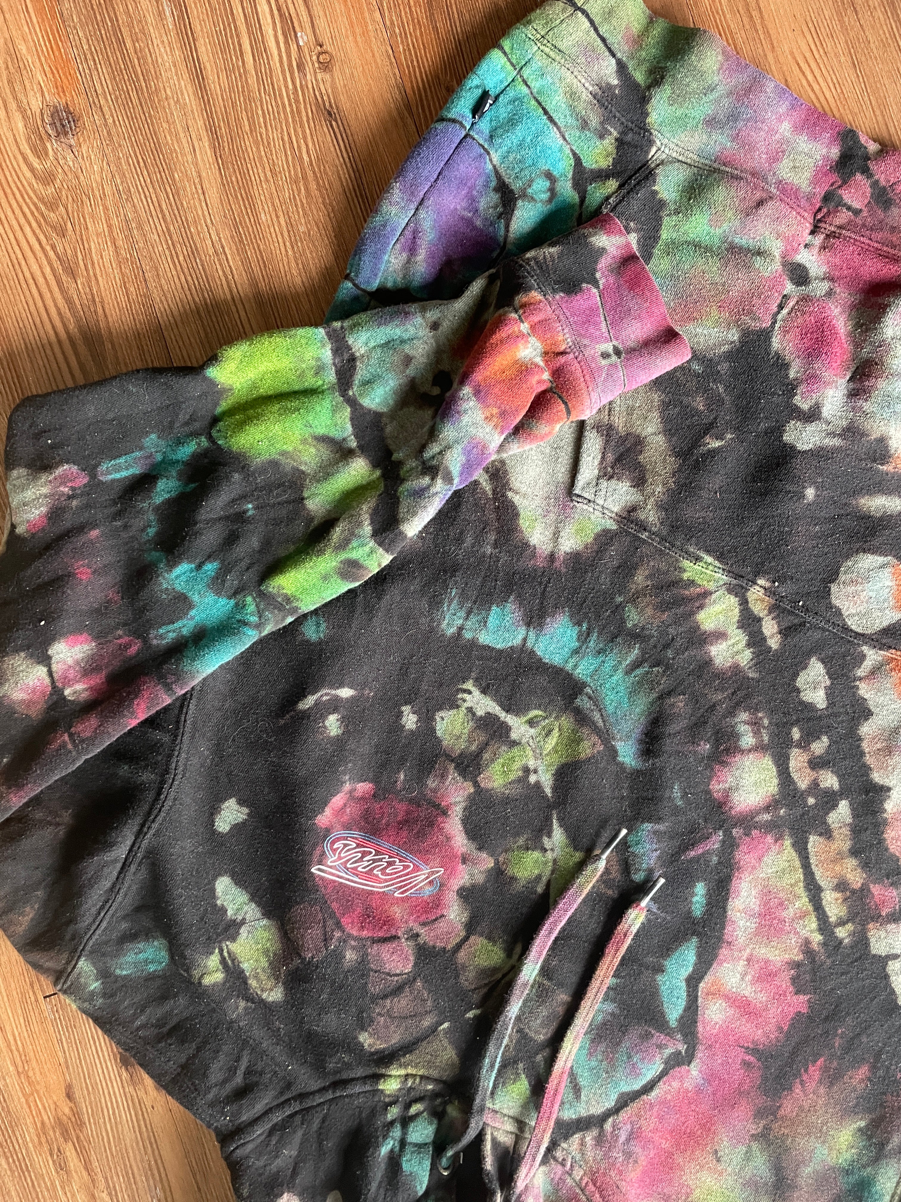 LARGE Men’s Vans Neon Skeleton Pizza Handmade Geode Tie Dye Sweatshirt | Rainbow and Black Long Sleeve Hoodie