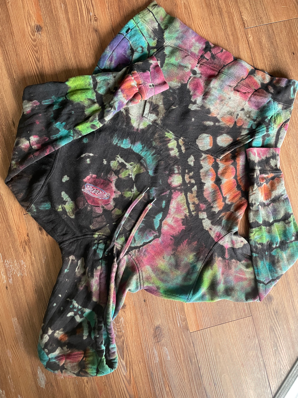 LARGE Men’s Vans Neon Skeleton Pizza Handmade Geode Tie Dye Sweatshirt | Rainbow and Black Long Sleeve Hoodie