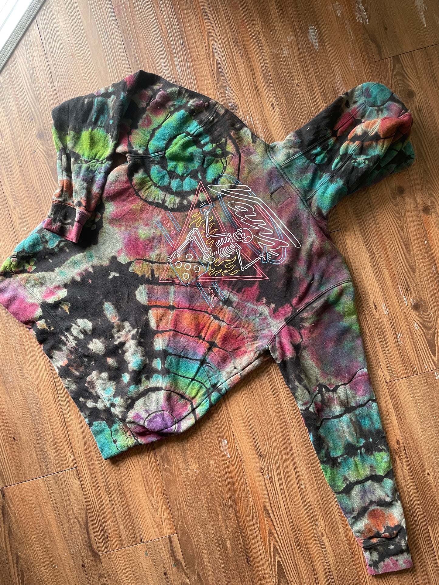 LARGE Men’s Vans Neon Skeleton Pizza Handmade Geode Tie Dye Sweatshirt | Rainbow and Black Long Sleeve Hoodie