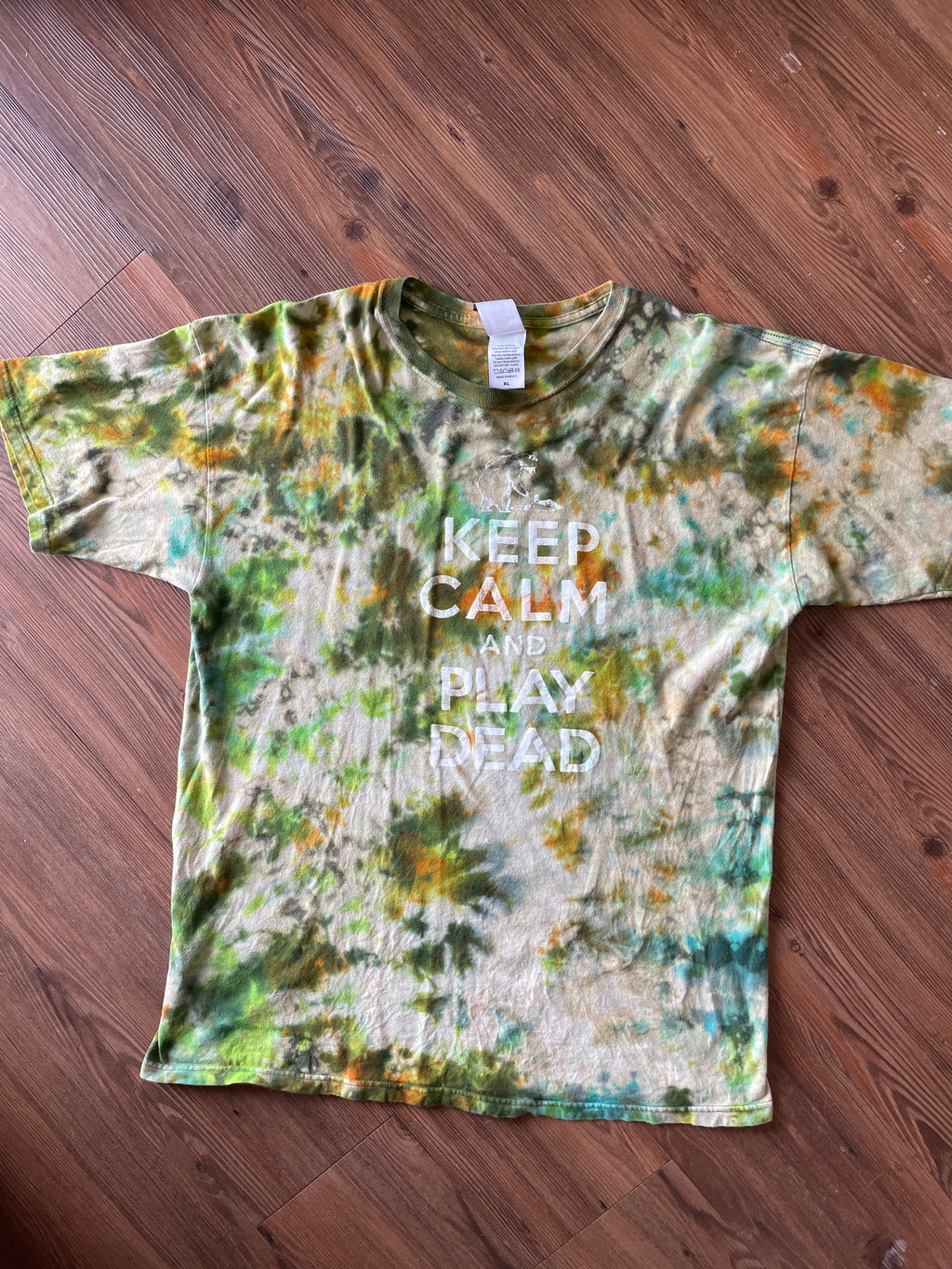 XL Men’s Keep Calm and Play Dead Handmade Tie Dye T-Shirt | Colorado Tourism Earth Tones Crumpled Bleach Dye Short Sleeve