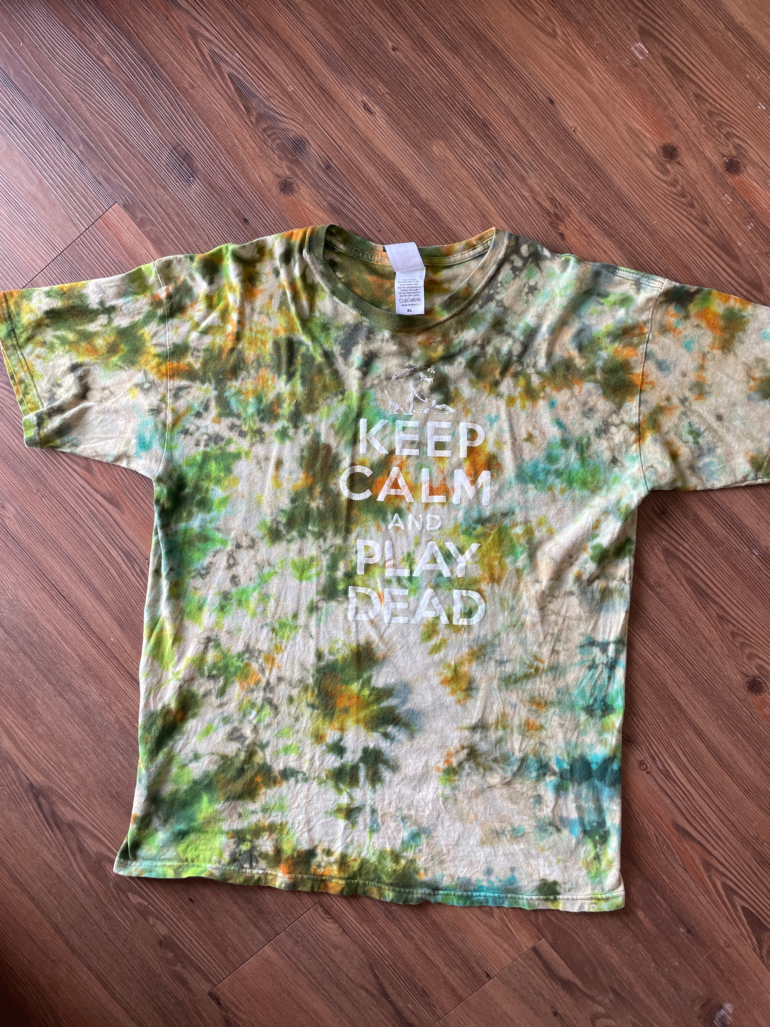 XL Men’s Keep Calm and Play Dead Handmade Tie Dye T-Shirt | Colorado Tourism Earth Tones Crumpled Bleach Dye Short Sleeve