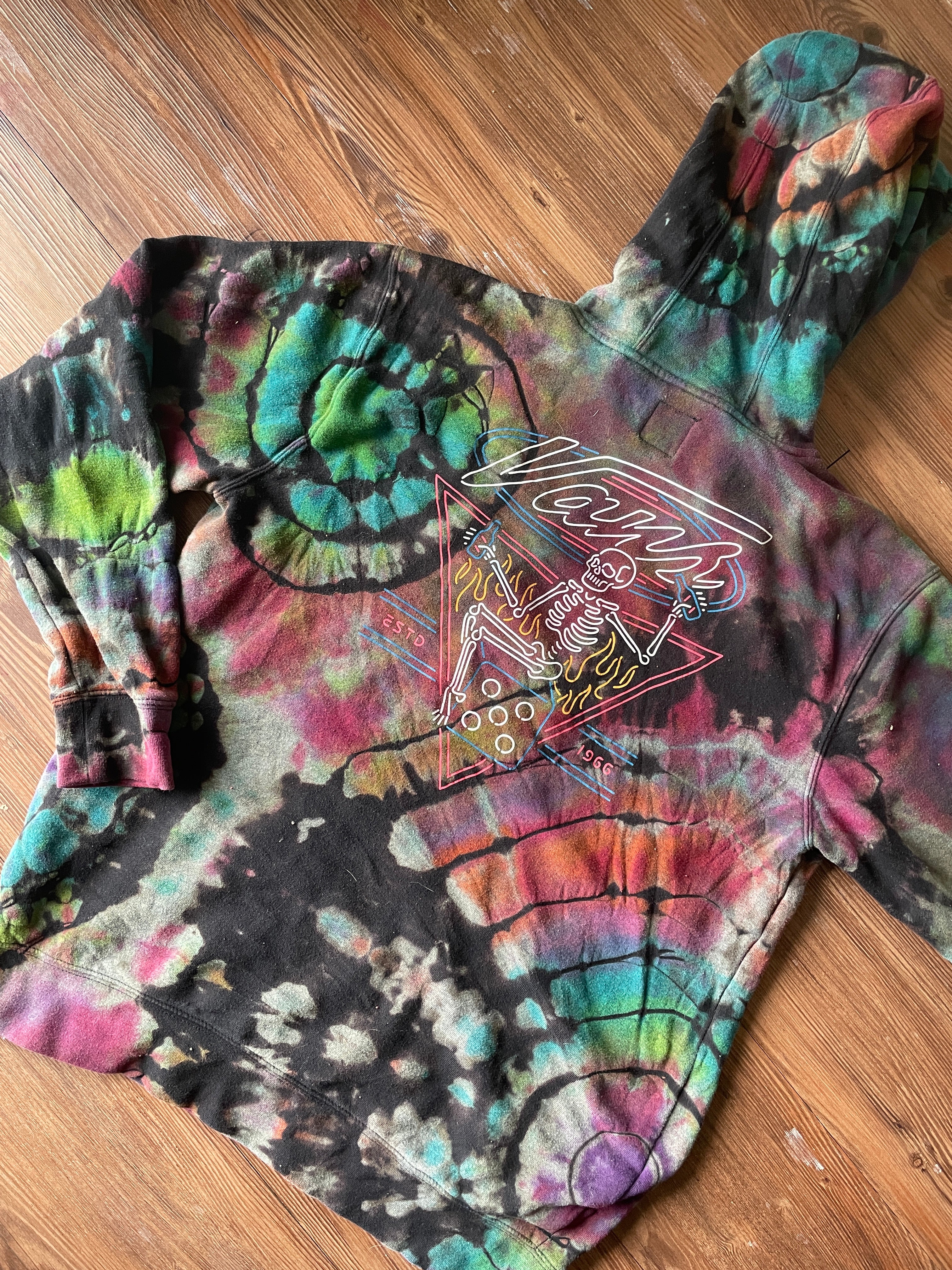 LARGE Men’s Vans Neon Skeleton Pizza Handmade Geode Tie Dye Sweatshirt | Rainbow and Black Long Sleeve Hoodie