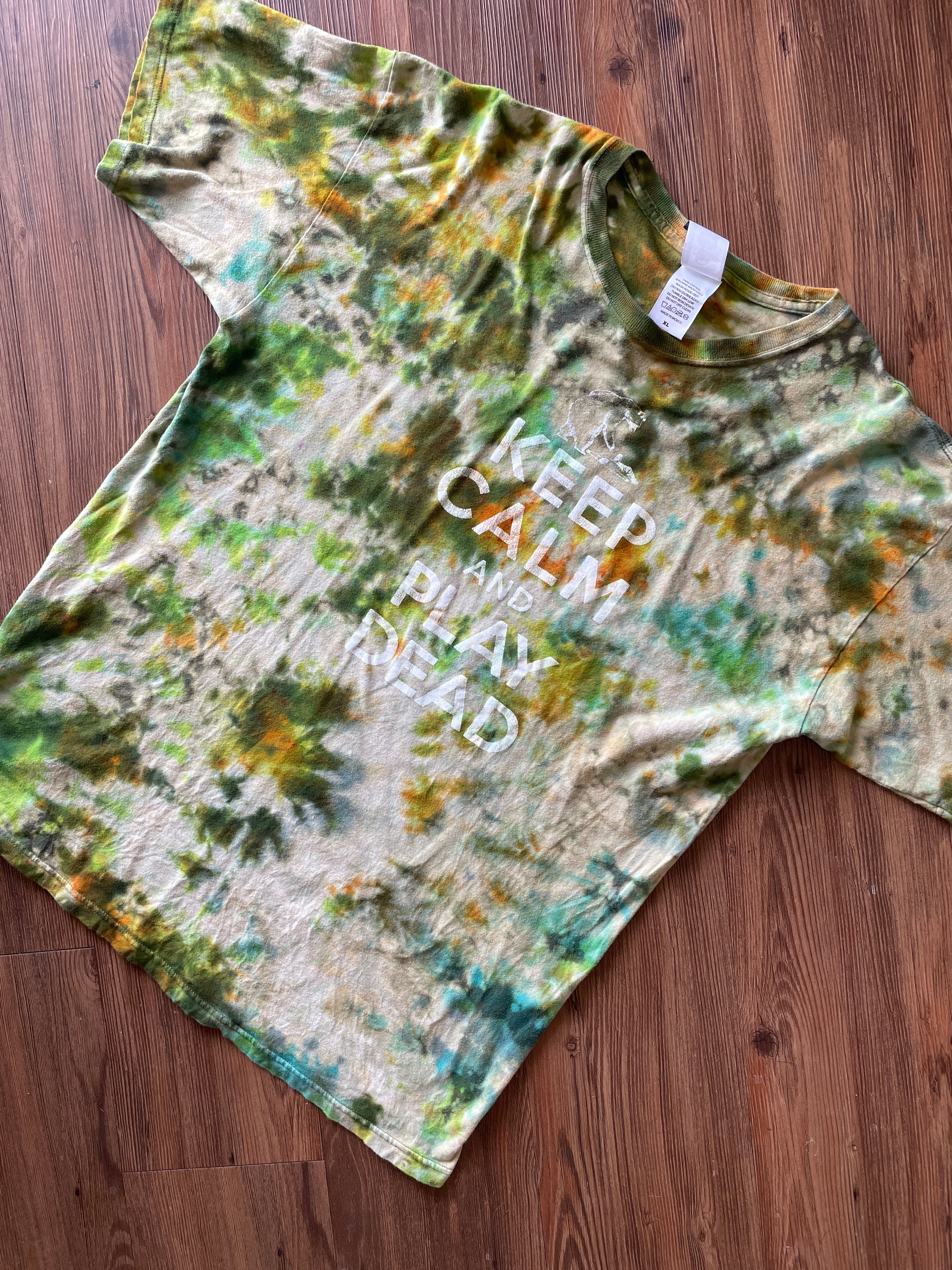 XL Men’s Keep Calm and Play Dead Handmade Tie Dye T-Shirt | Colorado Tourism Earth Tones Crumpled Bleach Dye Short Sleeve