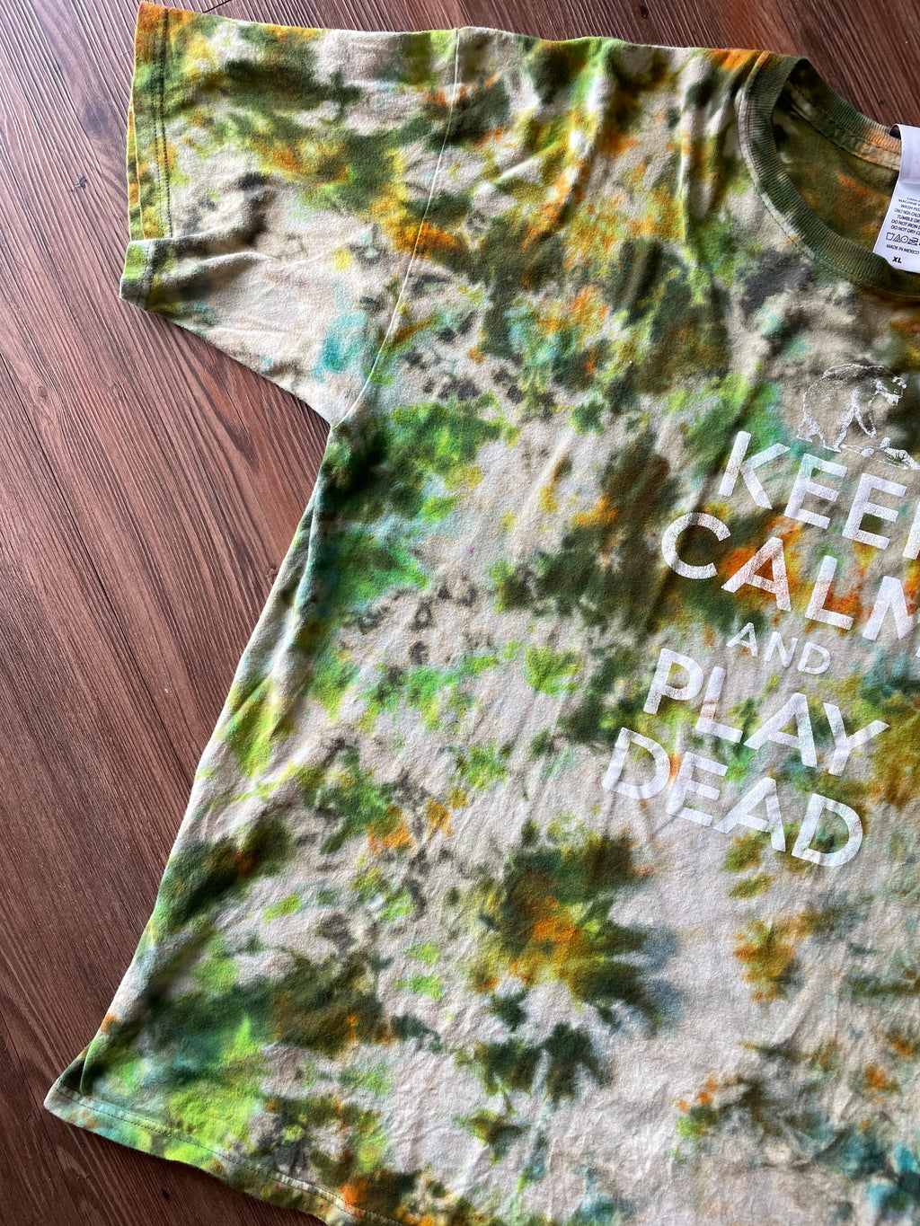 XL Men’s Keep Calm and Play Dead Handmade Tie Dye T-Shirt | Colorado Tourism Earth Tones Crumpled Bleach Dye Short Sleeve