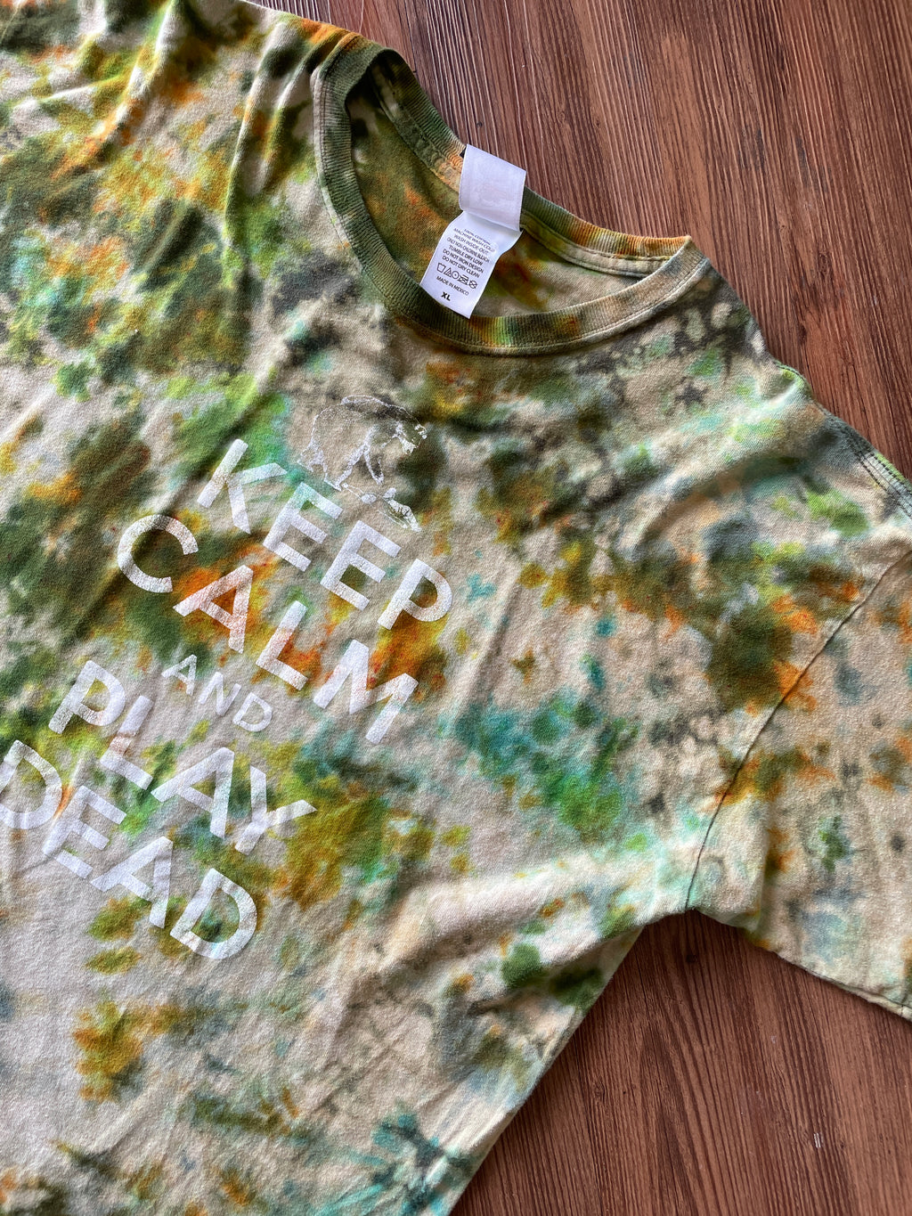 XL Men’s Keep Calm and Play Dead Handmade Tie Dye T-Shirt | Colorado Tourism Earth Tones Crumpled Bleach Dye Short Sleeve