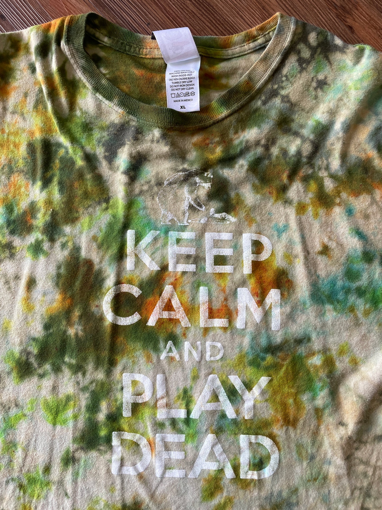 XL Men’s Keep Calm and Play Dead Handmade Tie Dye T-Shirt | Colorado Tourism Earth Tones Crumpled Bleach Dye Short Sleeve