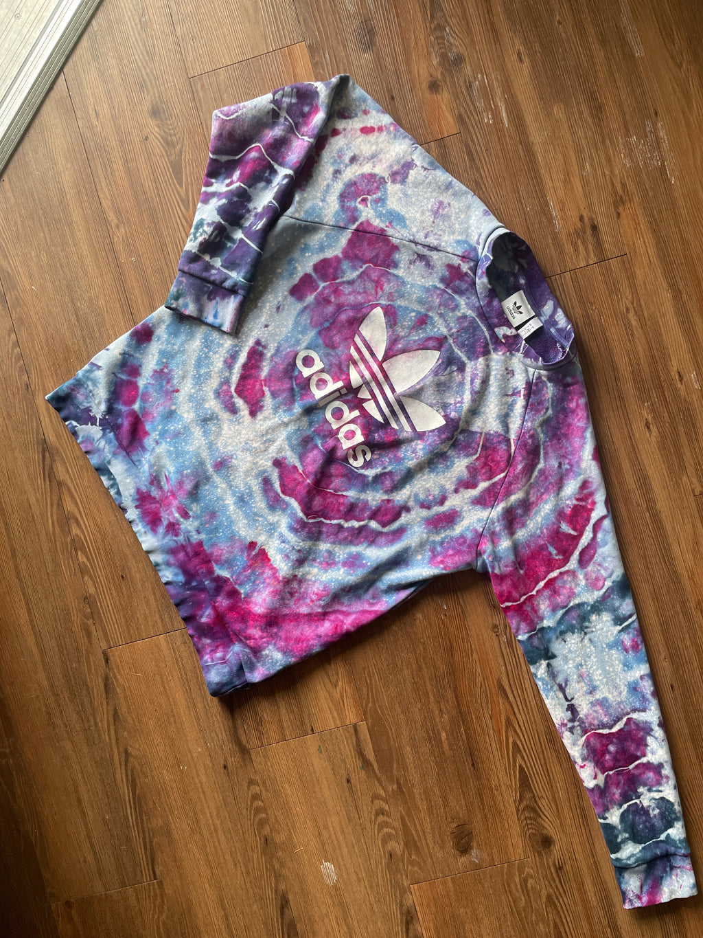 LARGE Men’s adidas Trefoil Handmade Galaxy Geode Tie Dye Crewneck Sweatshirt | Purple, Pink, and Blue Long Sleeve Sweatshirt