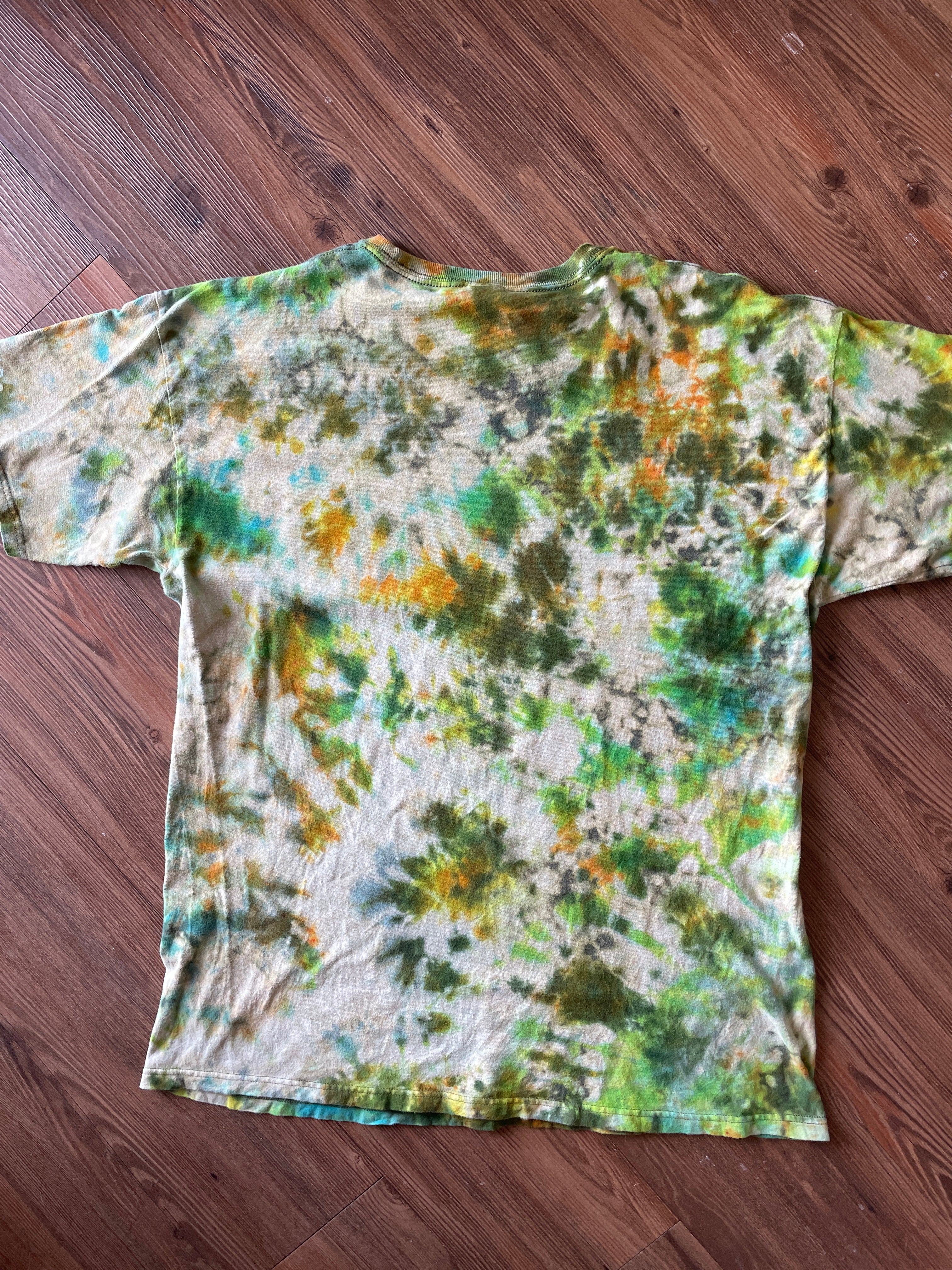 XL Men’s Keep Calm and Play Dead Handmade Tie Dye T-Shirt | Colorado Tourism Earth Tones Crumpled Bleach Dye Short Sleeve