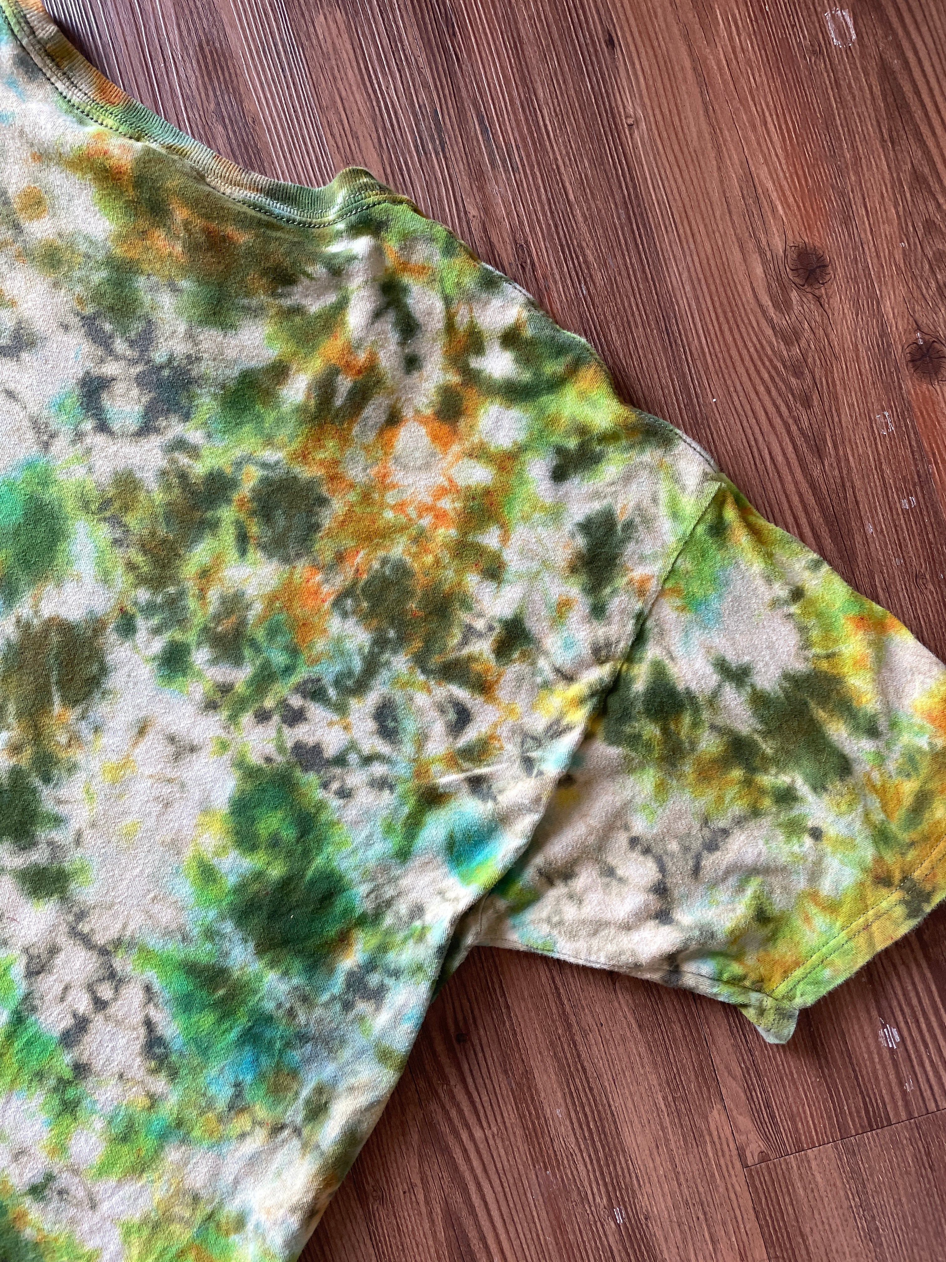 XL Men’s Keep Calm and Play Dead Handmade Tie Dye T-Shirt | Colorado Tourism Earth Tones Crumpled Bleach Dye Short Sleeve