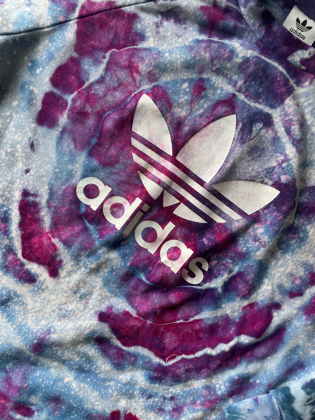 LARGE Men’s adidas Trefoil Handmade Galaxy Geode Tie Dye Crewneck Sweatshirt | Purple, Pink, and Blue Long Sleeve Sweatshirt