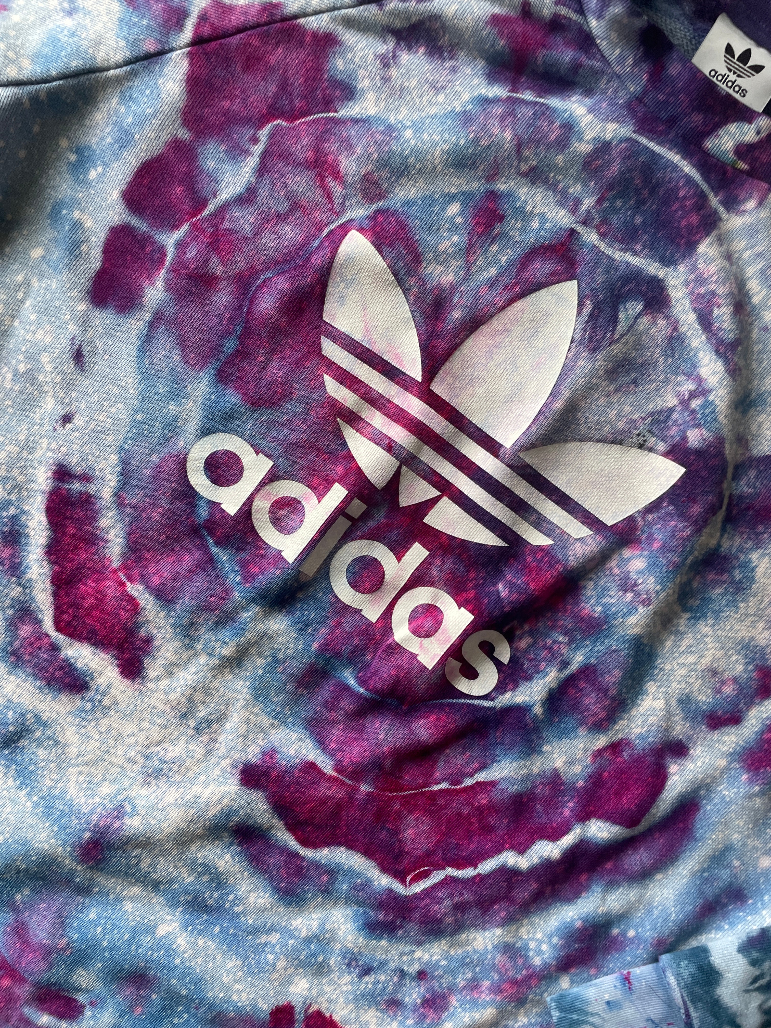 LARGE Men’s adidas Trefoil Handmade Galaxy Geode Tie Dye Crewneck Sweatshirt | Purple, Pink, and Blue Long Sleeve Sweatshirt