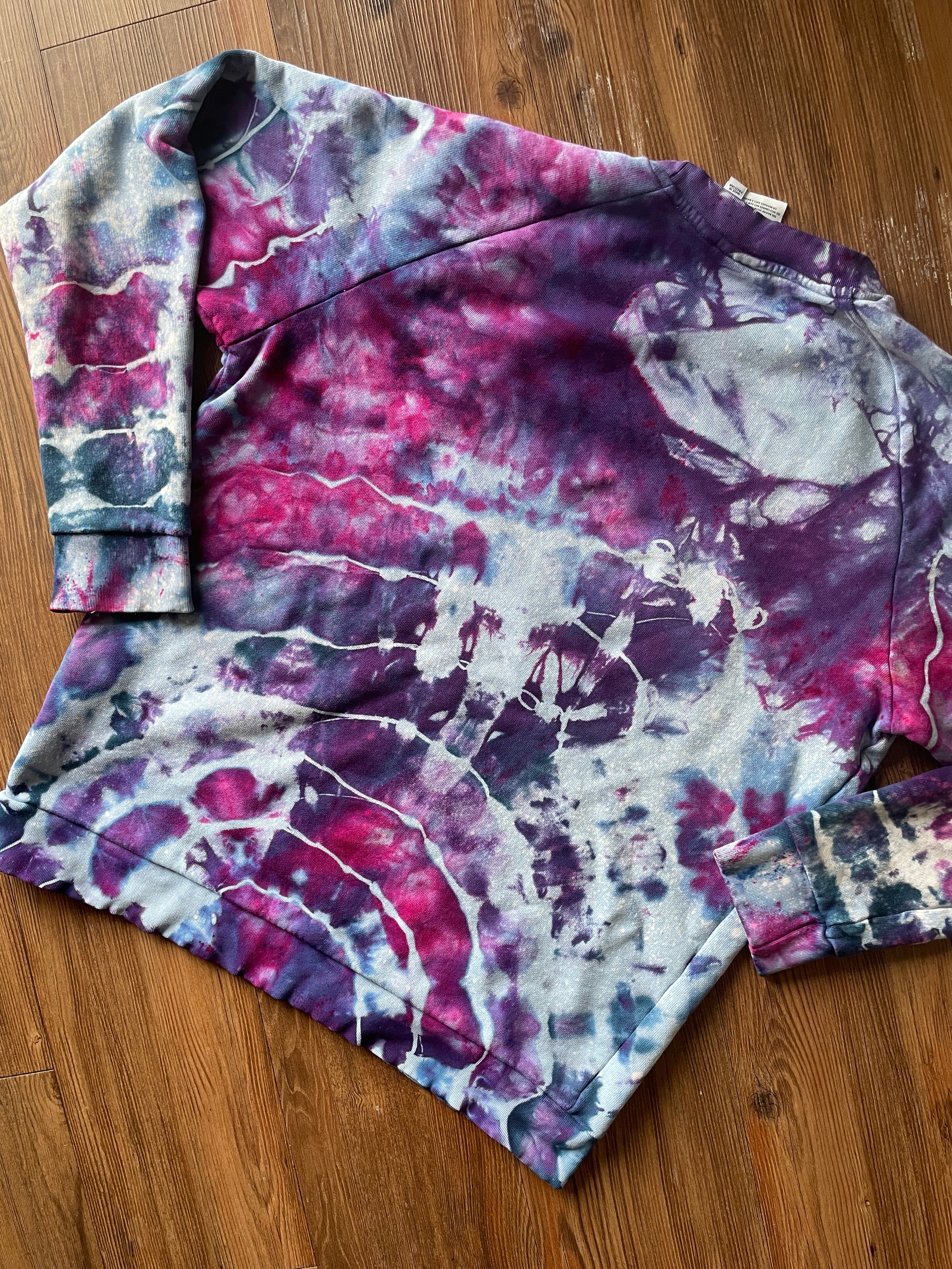 LARGE Men’s adidas Trefoil Handmade Galaxy Geode Tie Dye Crewneck Sweatshirt | Purple, Pink, and Blue Long Sleeve Sweatshirt