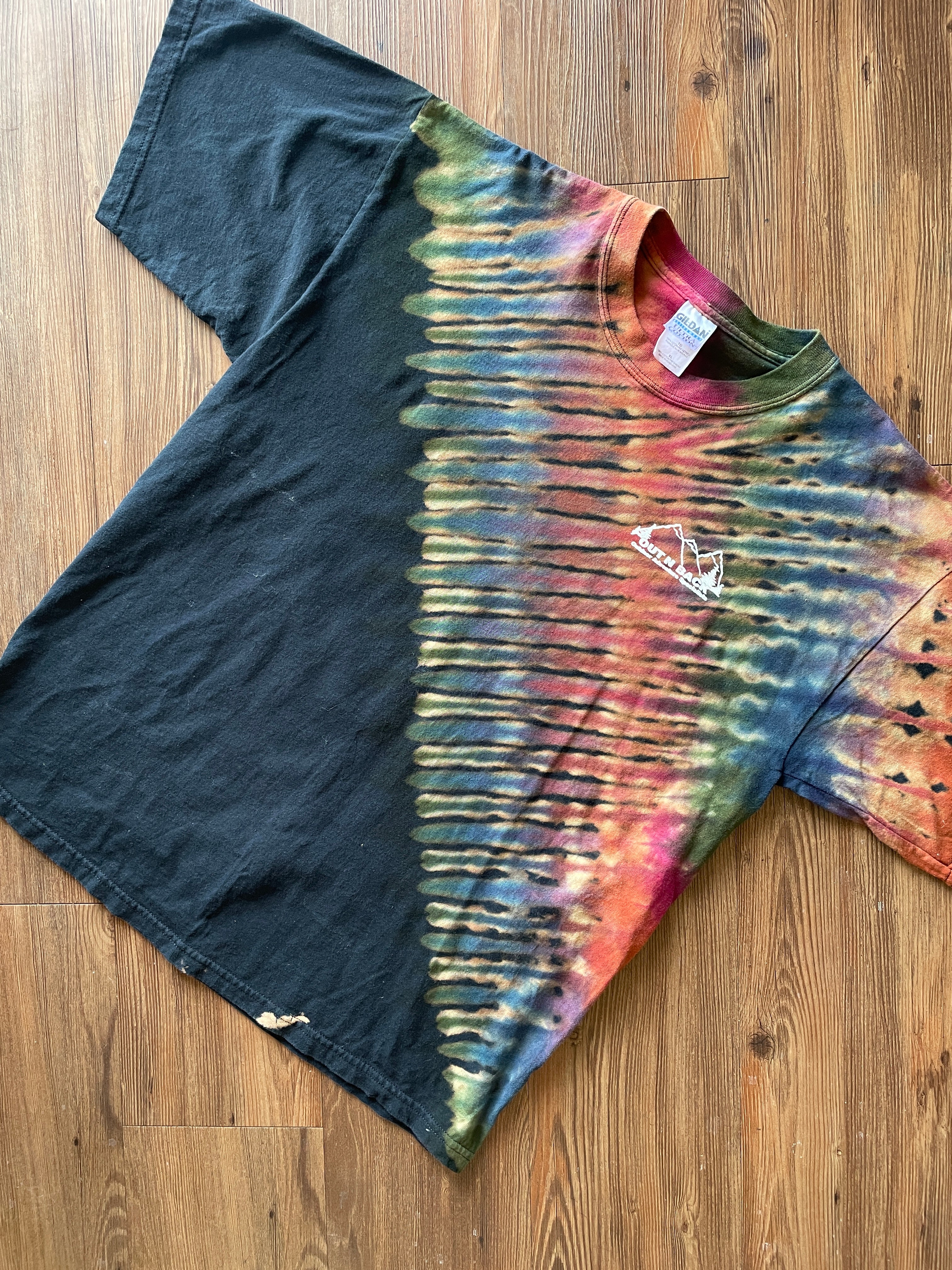 XL Men’s Out n Back Outdoor Adventure Specialists Handmade Tie Dye T-Shirt | Warm Tones Earth Tones Pleated Bleach Dye Short Sleeve