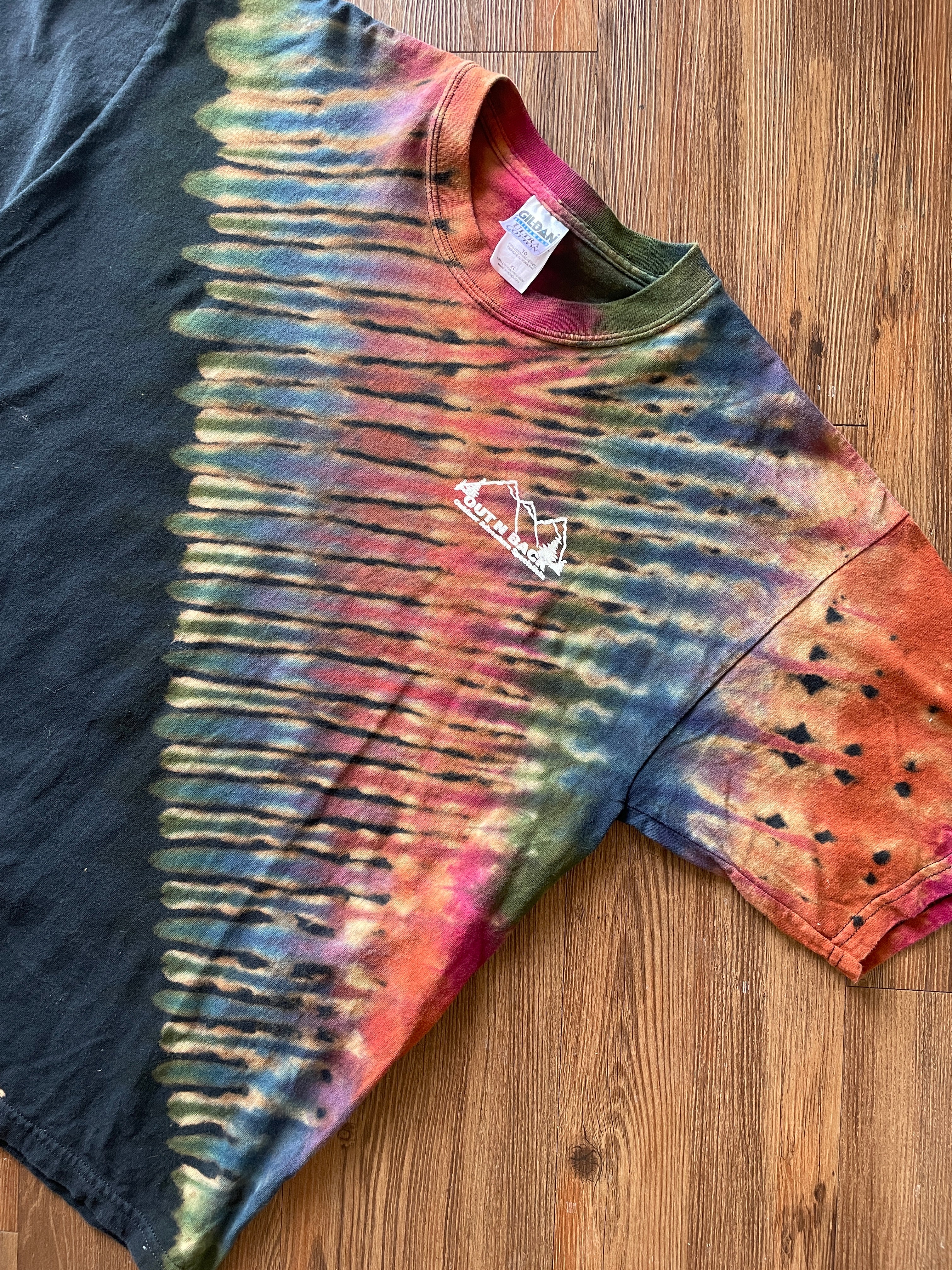 XL Men’s Out n Back Outdoor Adventure Specialists Handmade Tie Dye T-Shirt | Warm Tones Earth Tones Pleated Bleach Dye Short Sleeve