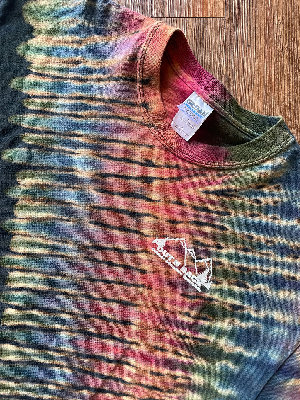XL Men’s Out n Back Outdoor Adventure Specialists Handmade Tie Dye T-Shirt | Warm Tones Earth Tones Pleated Bleach Dye Short Sleeve
