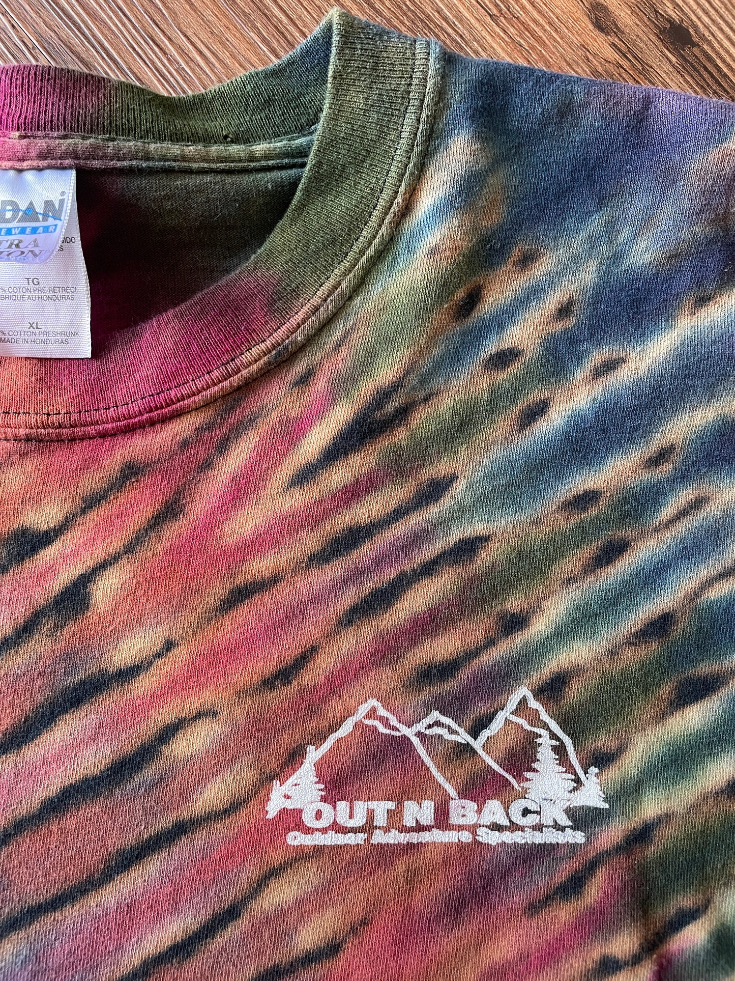 XL Men’s Out n Back Outdoor Adventure Specialists Handmade Tie Dye T-Shirt | Warm Tones Earth Tones Pleated Bleach Dye Short Sleeve