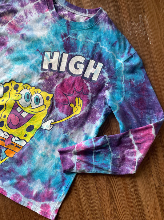 MEDIUM Unisex SpongeBob Squarepants High Five Handmade Galaxy Geode Tie Dye T-Shirt | Blue, Purple, and Pink Long Sleeve Tee