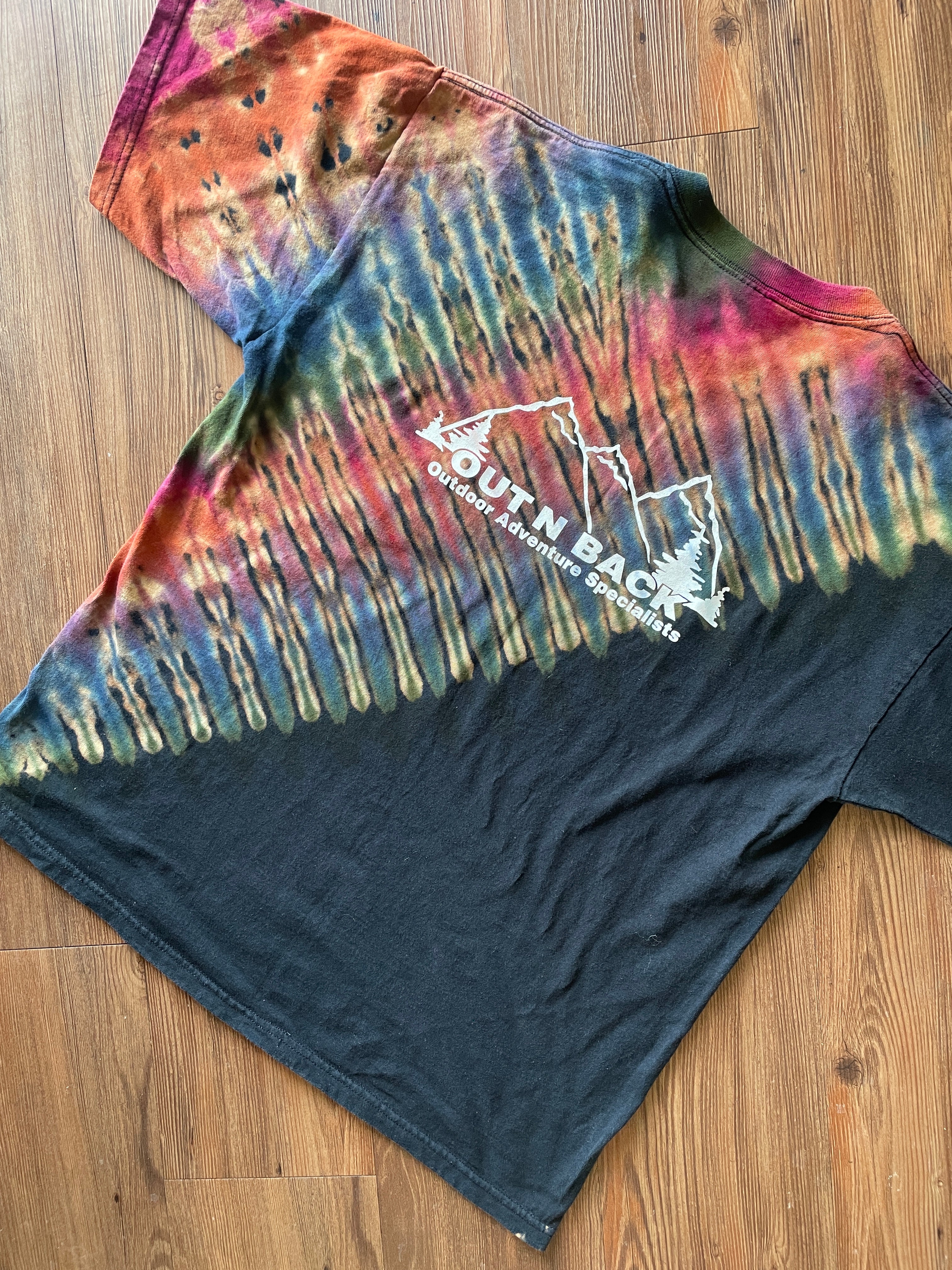 XL Men’s Out n Back Outdoor Adventure Specialists Handmade Tie Dye T-Shirt | Warm Tones Earth Tones Pleated Bleach Dye Short Sleeve