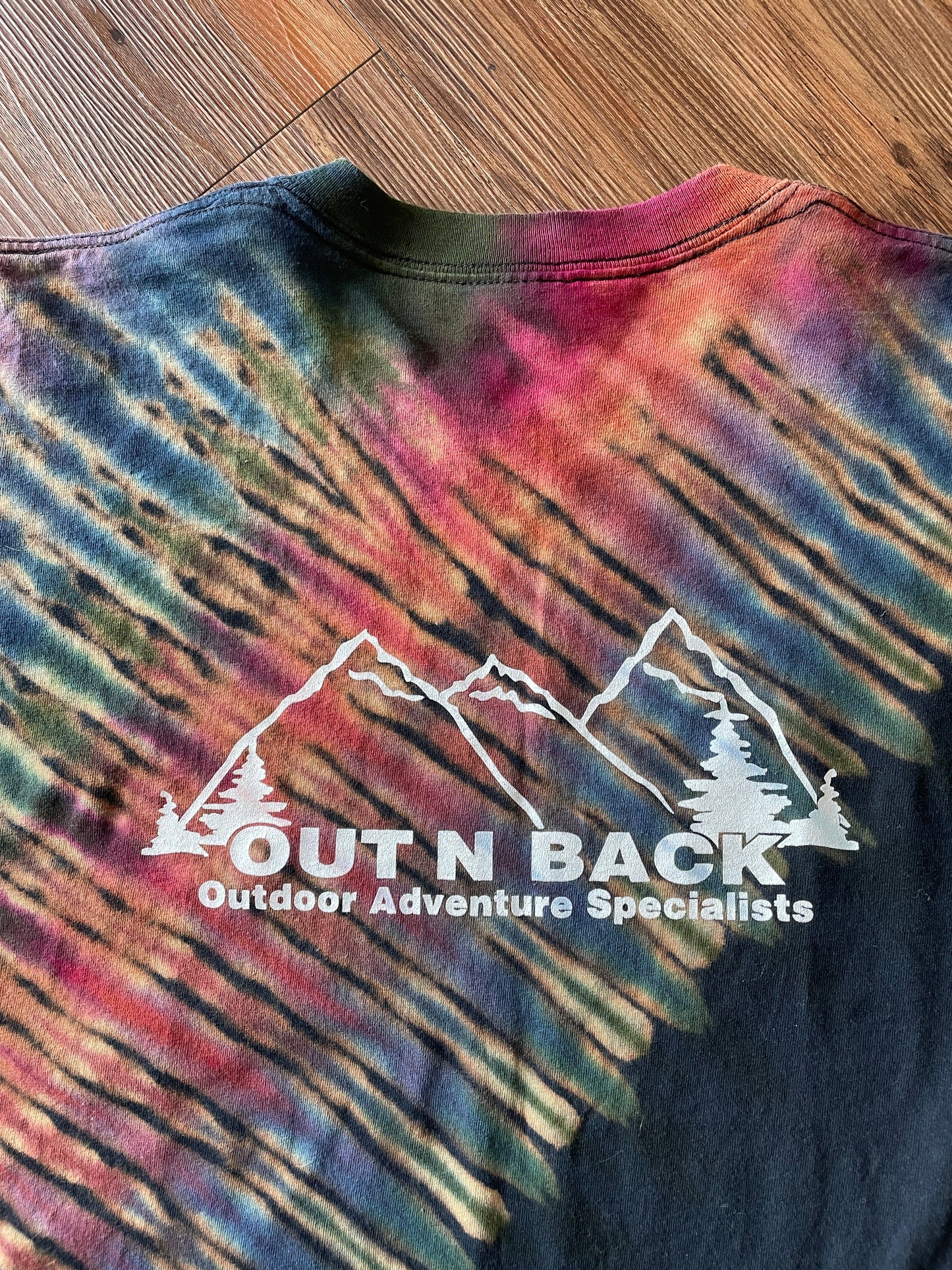XL Men’s Out n Back Outdoor Adventure Specialists Handmade Tie Dye T-Shirt | Warm Tones Earth Tones Pleated Bleach Dye Short Sleeve