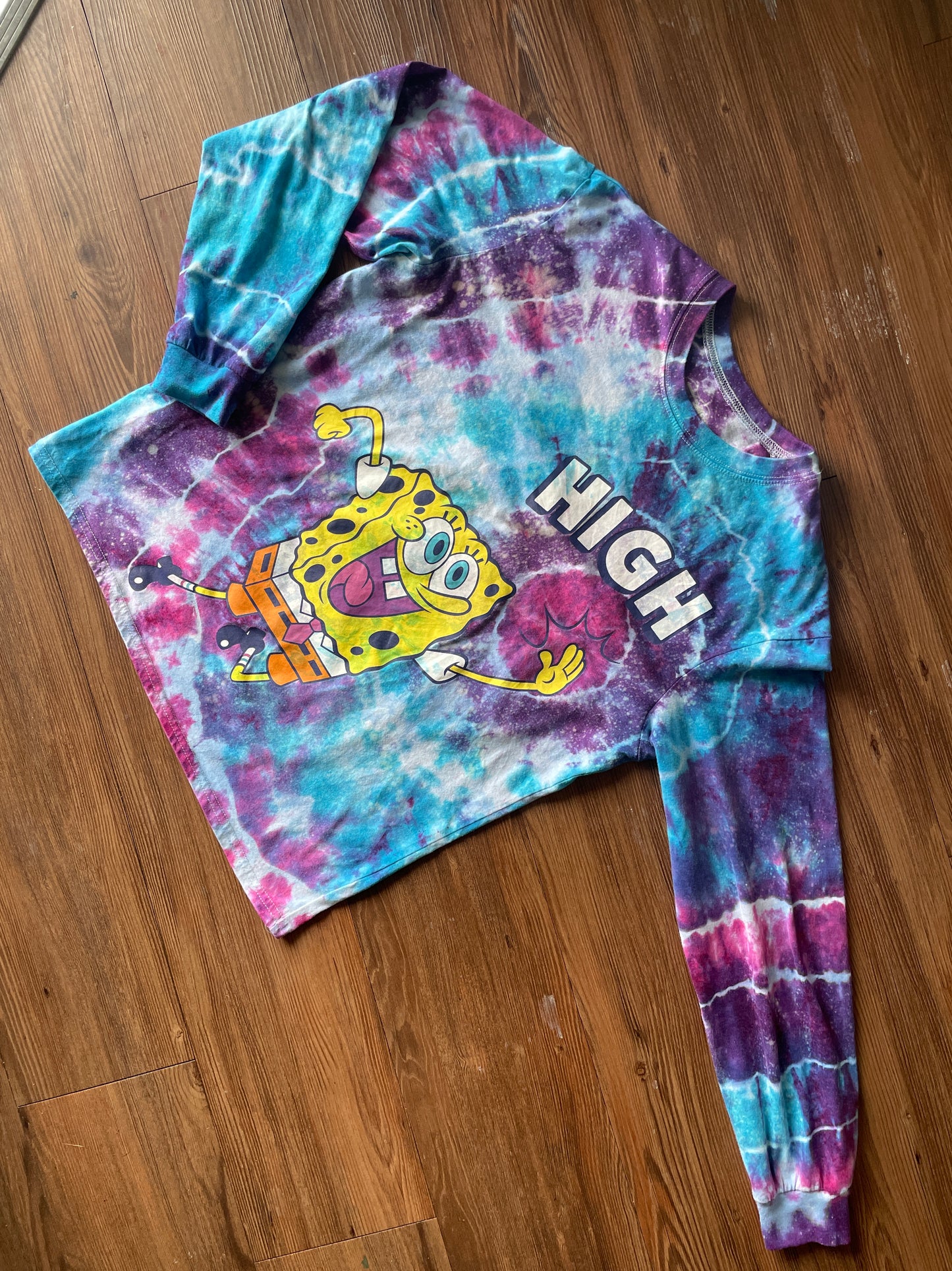 MEDIUM Unisex SpongeBob Squarepants High Five Handmade Galaxy Geode Tie Dye T-Shirt | Blue, Purple, and Pink Long Sleeve Tee