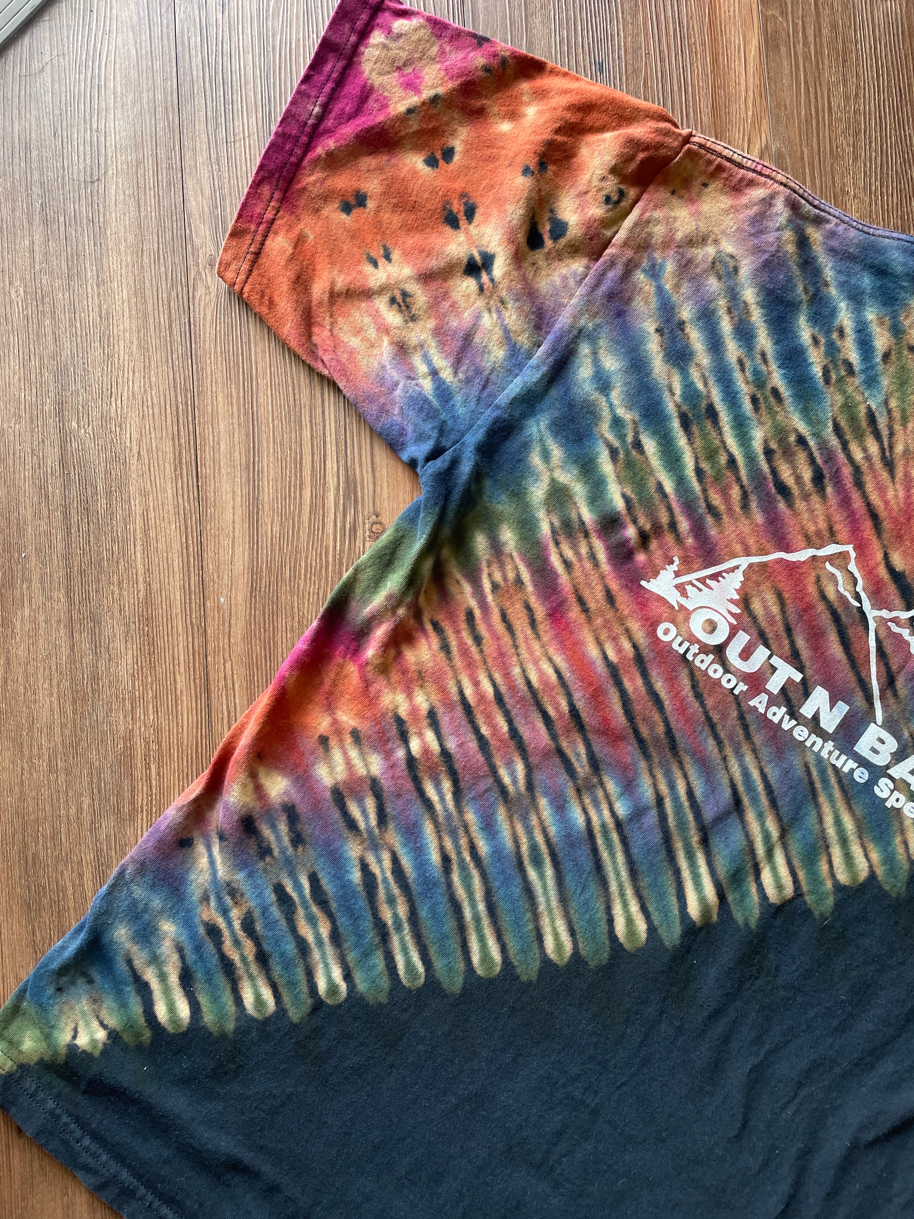 XL Men’s Out n Back Outdoor Adventure Specialists Handmade Tie Dye T-Shirt | Warm Tones Earth Tones Pleated Bleach Dye Short Sleeve