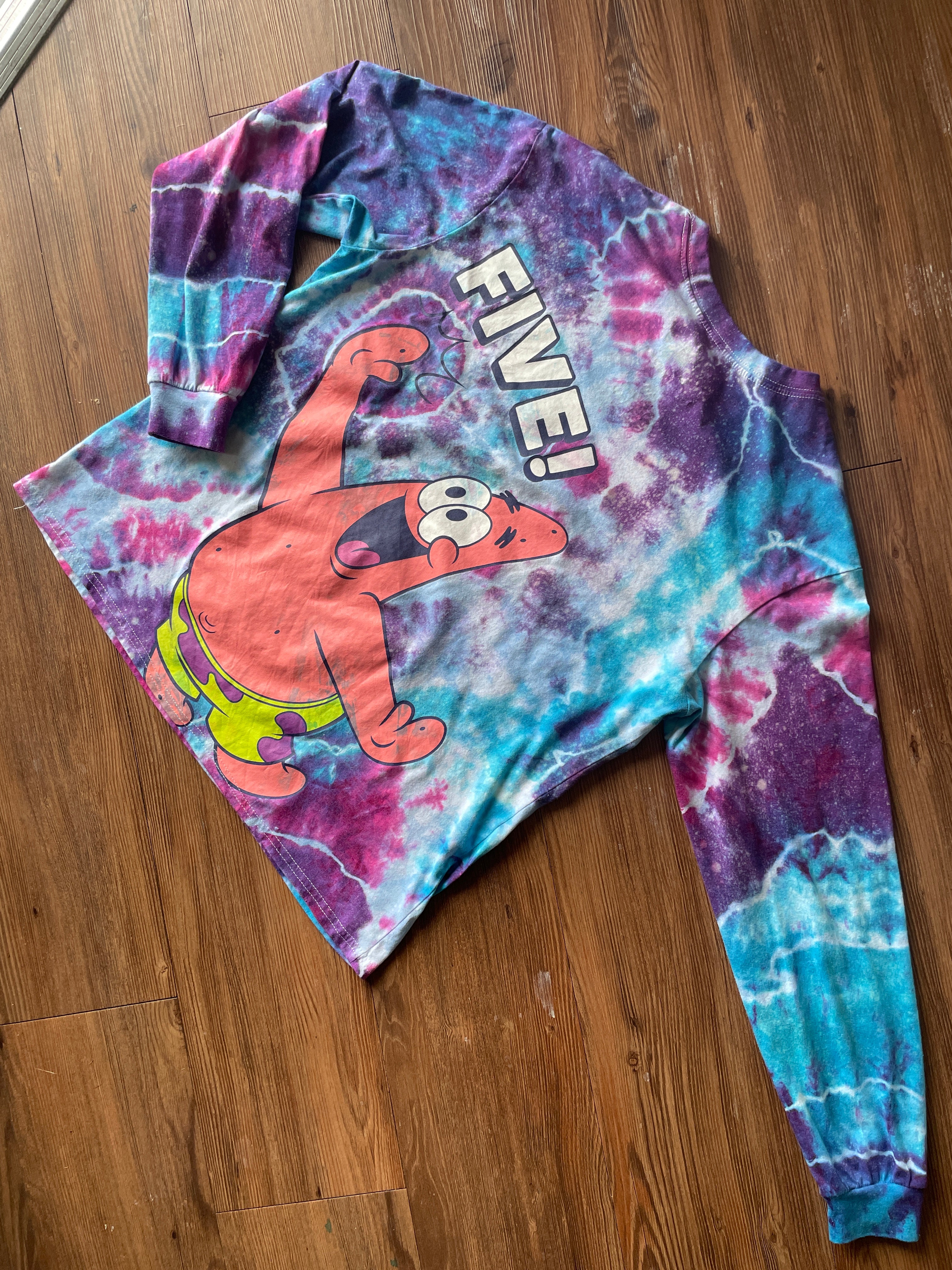 MEDIUM Unisex SpongeBob Squarepants High Five Handmade Galaxy Geode Tie Dye T-Shirt | Blue, Purple, and Pink Long Sleeve Tee