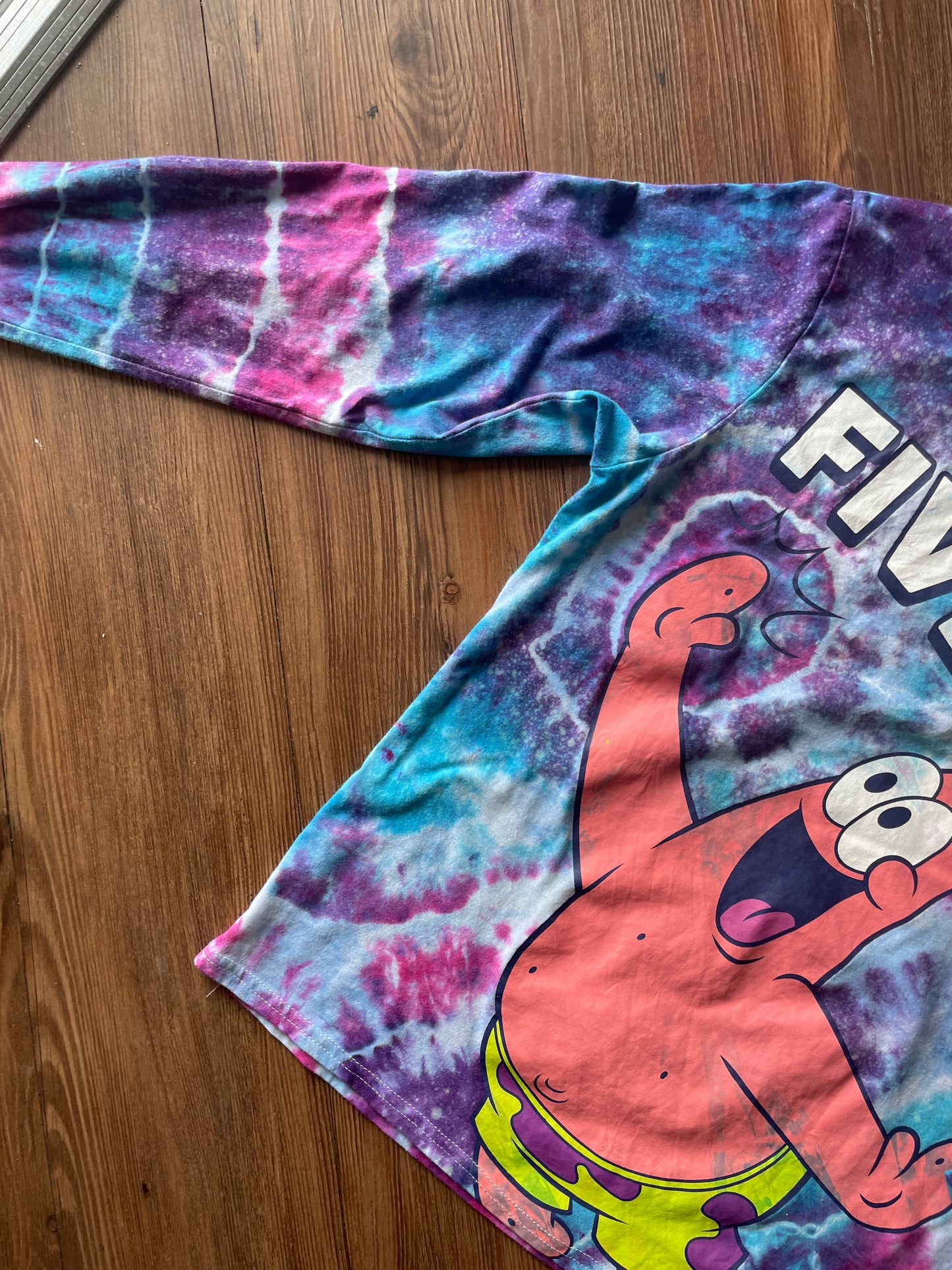 MEDIUM Unisex SpongeBob Squarepants High Five Handmade Galaxy Geode Tie Dye T-Shirt | Blue, Purple, and Pink Long Sleeve Tee