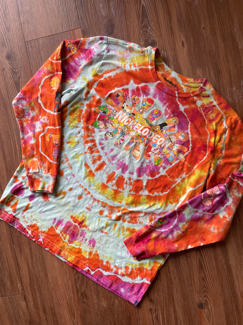 LARGE Men’s 90s Nickelodeon Characters Handmade Geode Tie Dye T-Shirt | Orange, Pink, and Yellow Long Sleeve Tee