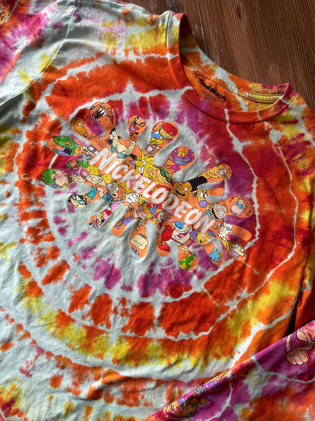 LARGE Men’s 90s Nickelodeon Characters Handmade Geode Tie Dye T-Shirt | Orange, Pink, and Yellow Long Sleeve Tee
