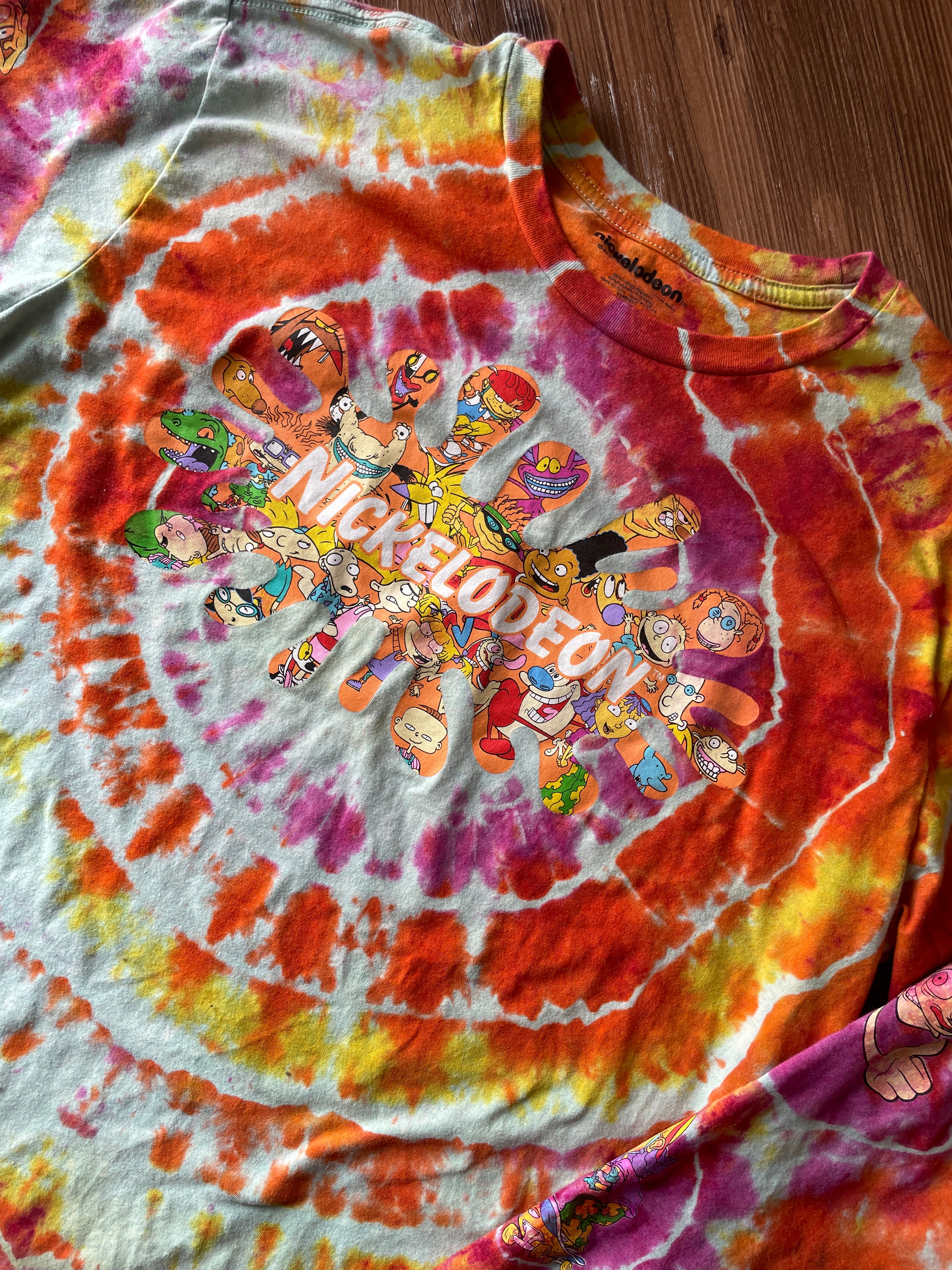 LARGE Men’s 90s Nickelodeon Characters Handmade Geode Tie Dye T-Shirt | Orange, Pink, and Yellow Long Sleeve Tee