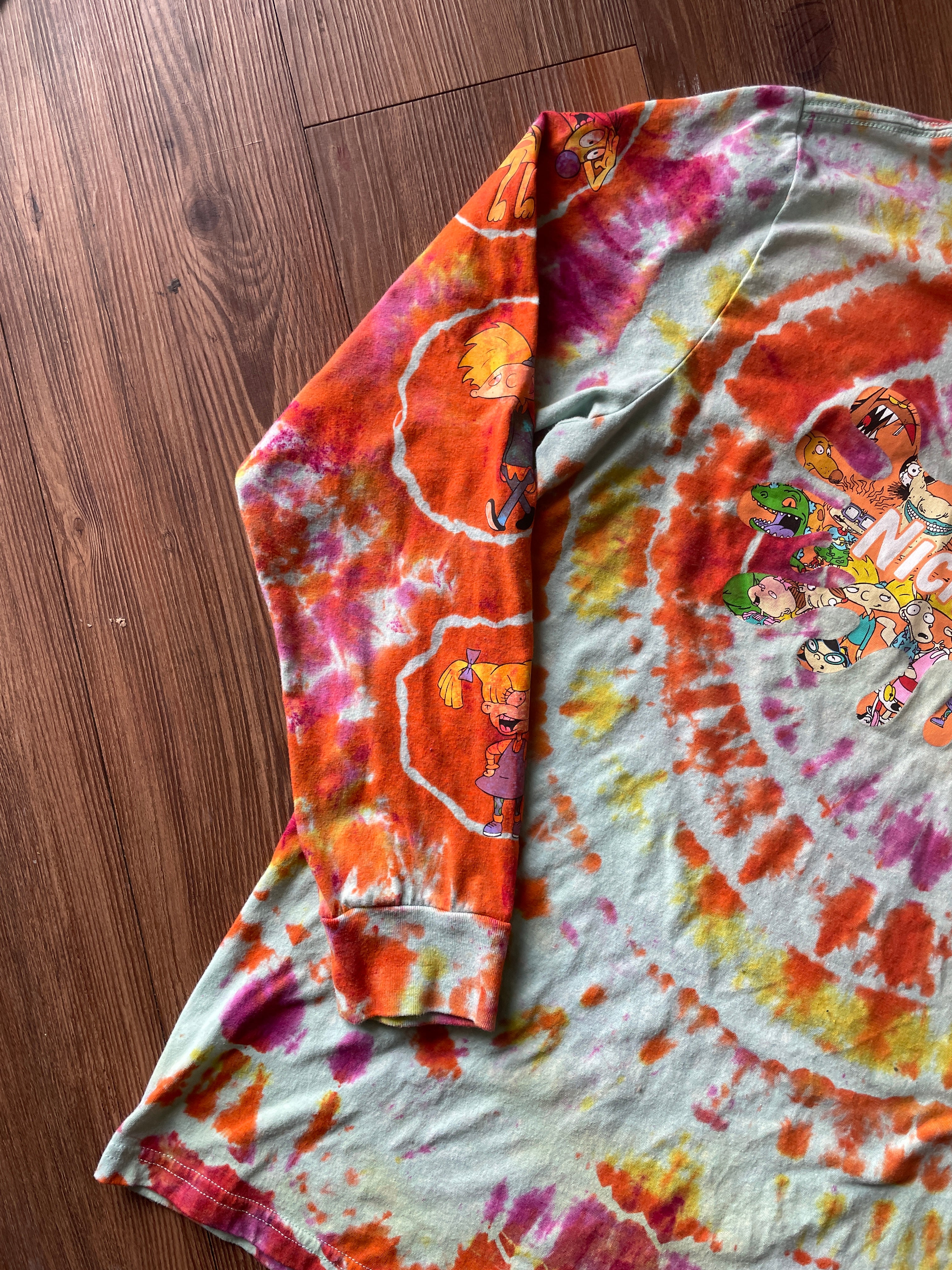 LARGE Men’s 90s Nickelodeon Characters Handmade Geode Tie Dye T-Shirt | Orange, Pink, and Yellow Long Sleeve Tee