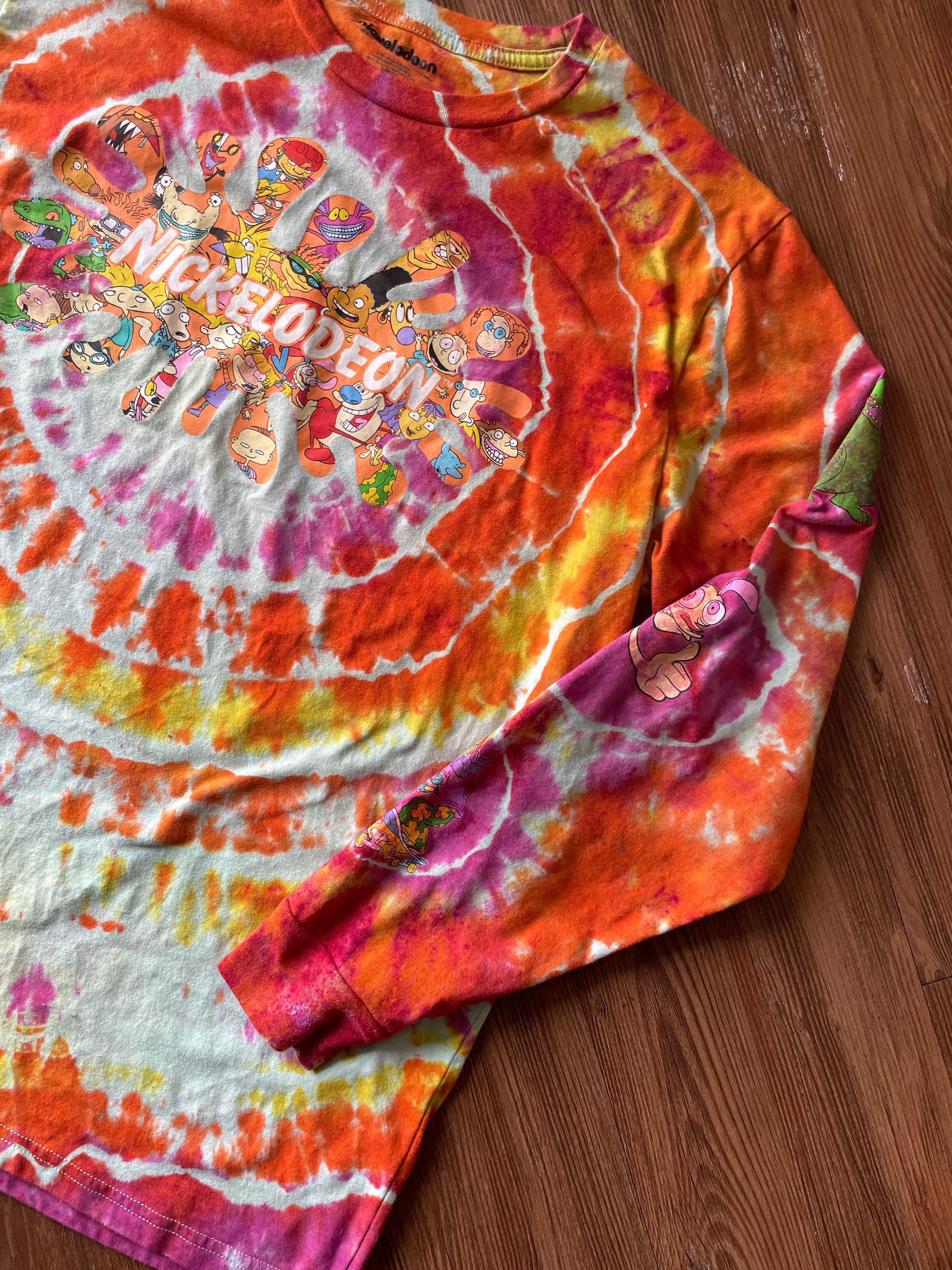 LARGE Men’s 90s Nickelodeon Characters Handmade Geode Tie Dye T-Shirt | Orange, Pink, and Yellow Long Sleeve Tee