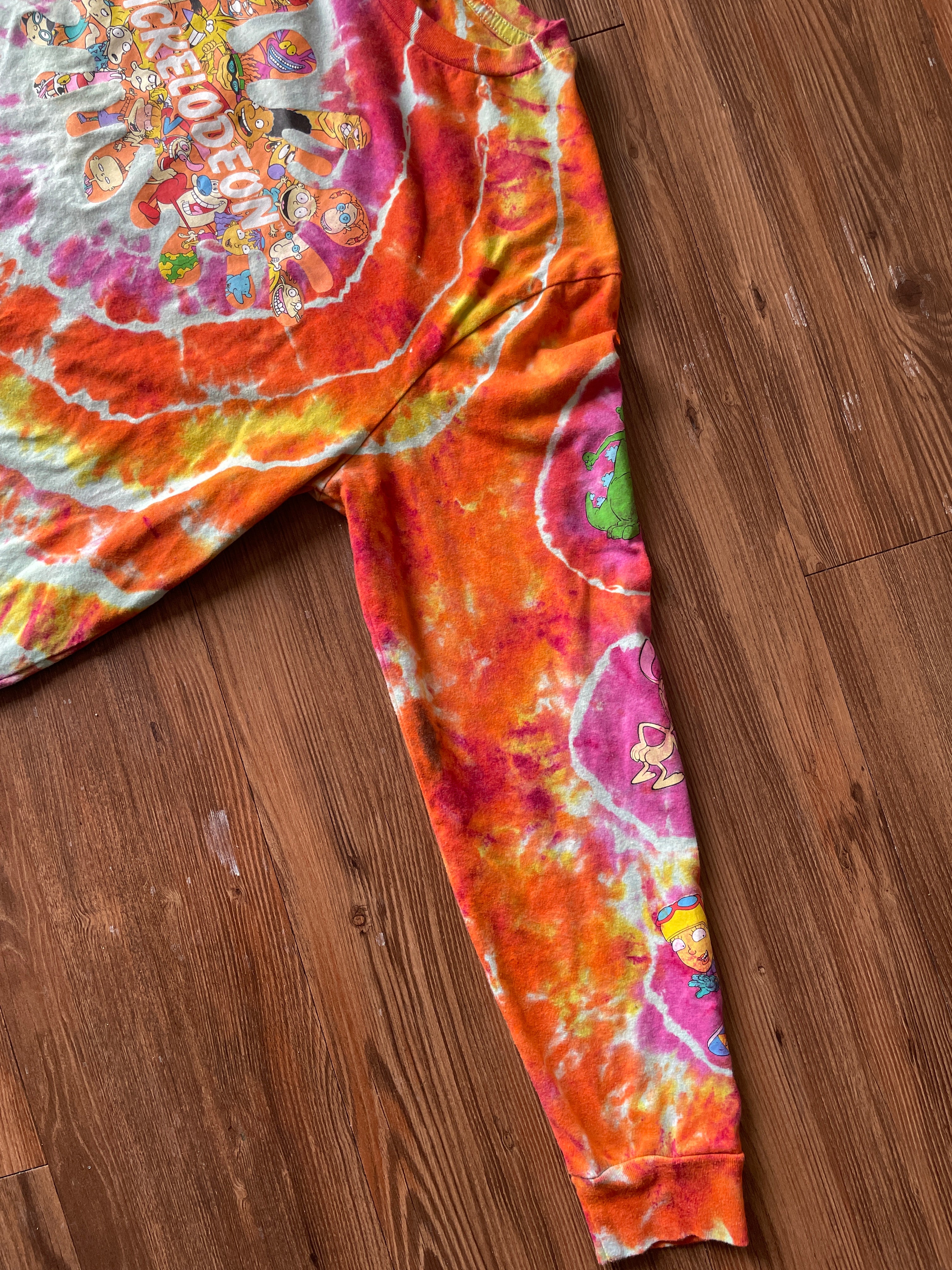 LARGE Men’s 90s Nickelodeon Characters Handmade Geode Tie Dye T-Shirt | Orange, Pink, and Yellow Long Sleeve Tee