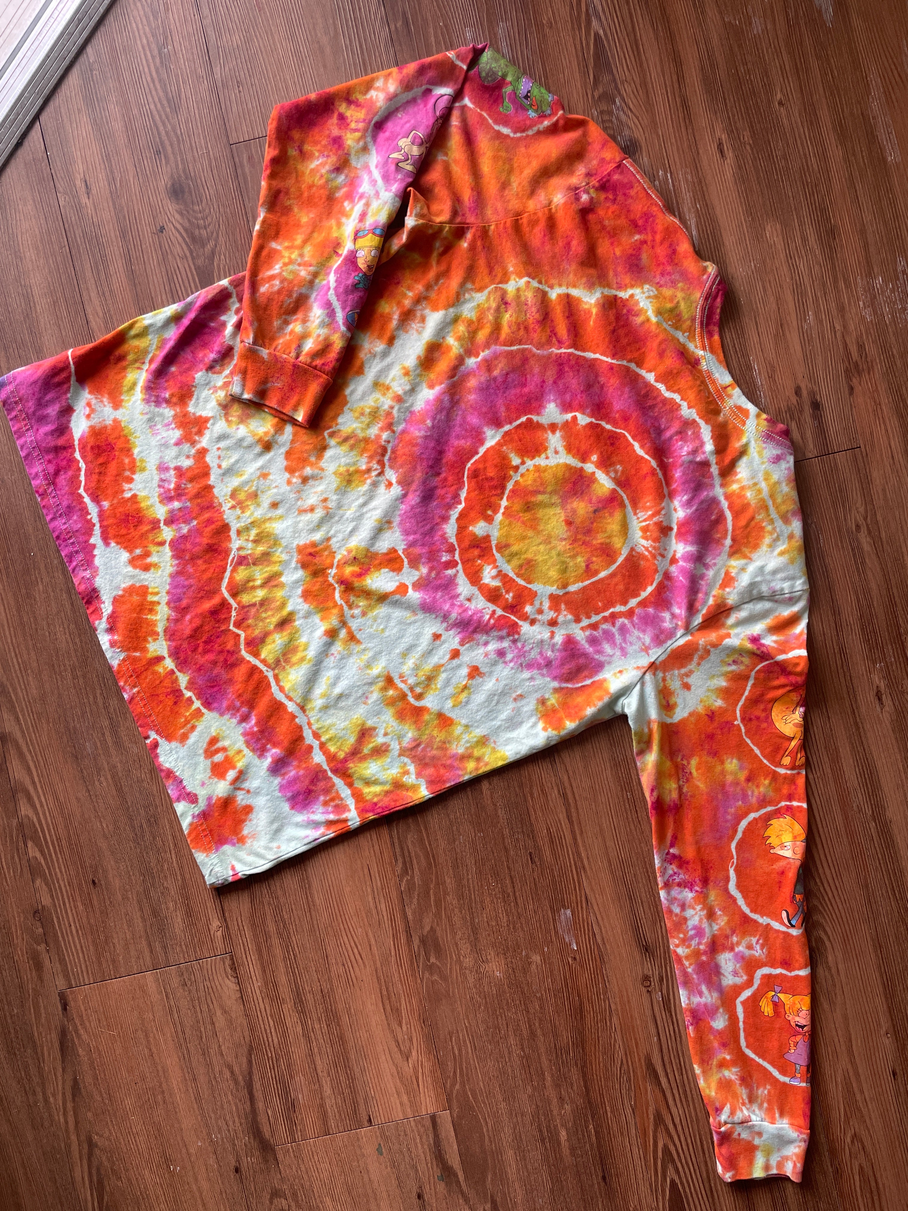 LARGE Men’s 90s Nickelodeon Characters Handmade Geode Tie Dye T-Shirt | Orange, Pink, and Yellow Long Sleeve Tee
