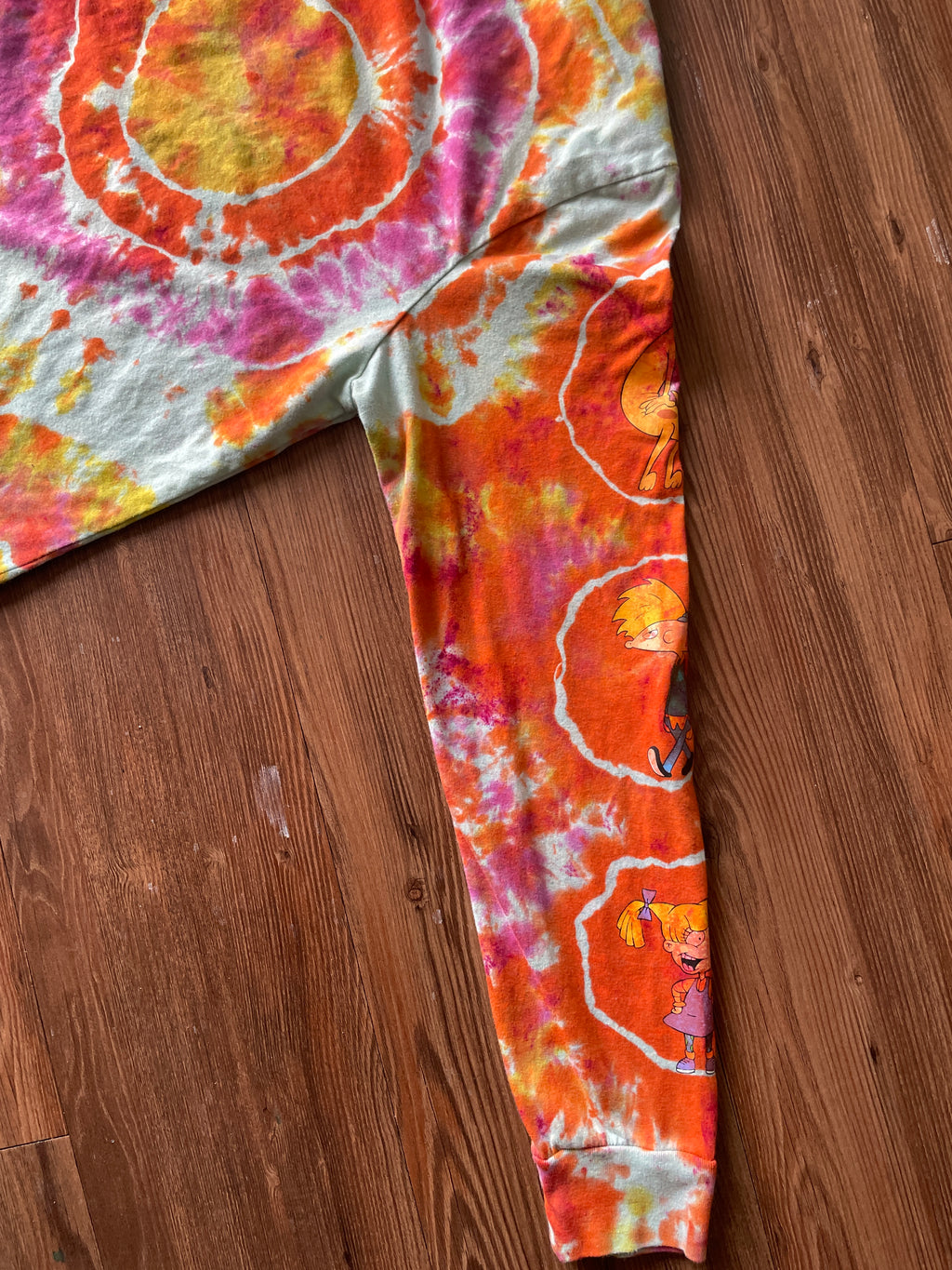 LARGE Men’s 90s Nickelodeon Characters Handmade Geode Tie Dye T-Shirt | Orange, Pink, and Yellow Long Sleeve Tee
