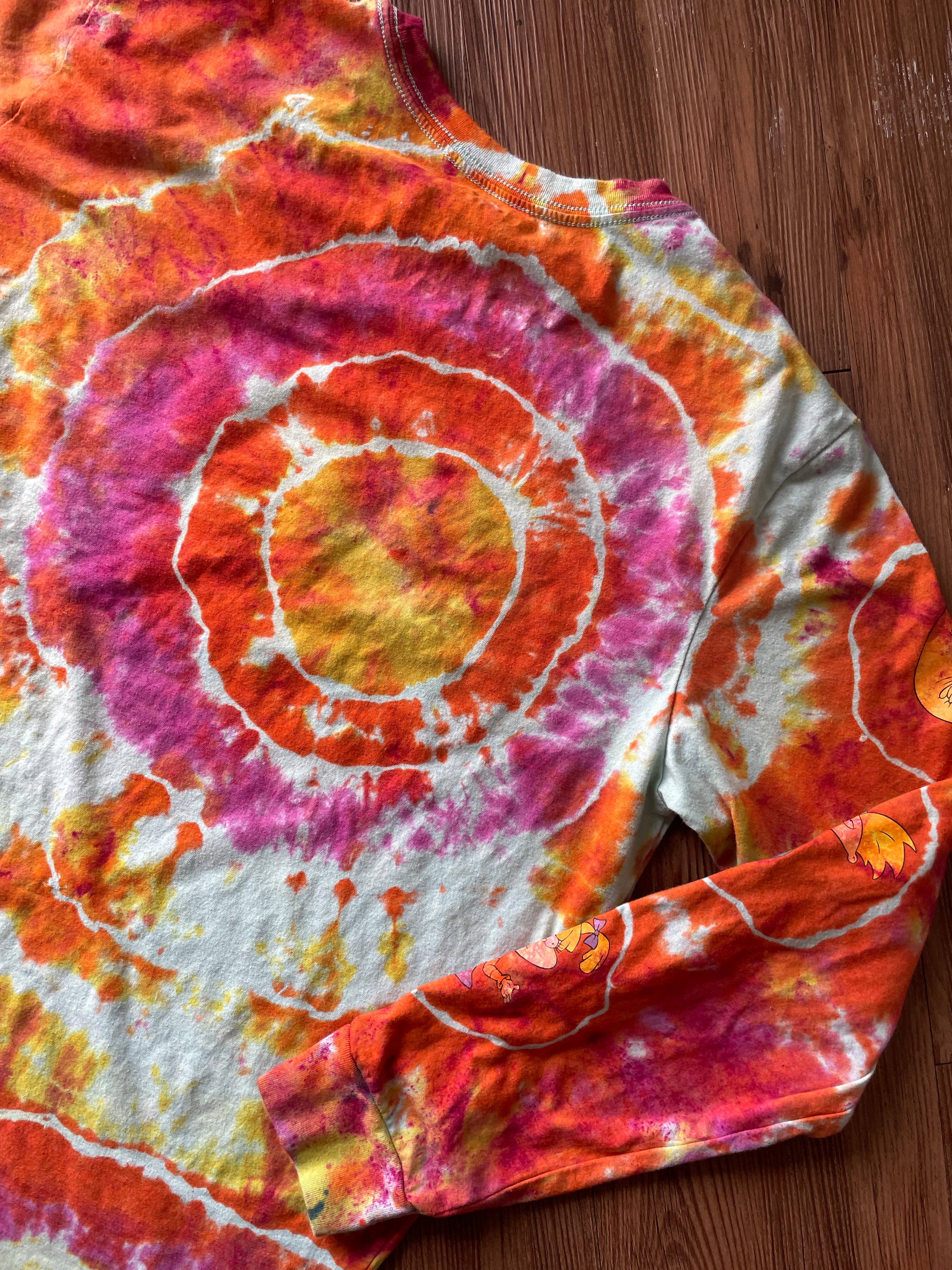 LARGE Men’s 90s Nickelodeon Characters Handmade Geode Tie Dye T-Shirt | Orange, Pink, and Yellow Long Sleeve Tee