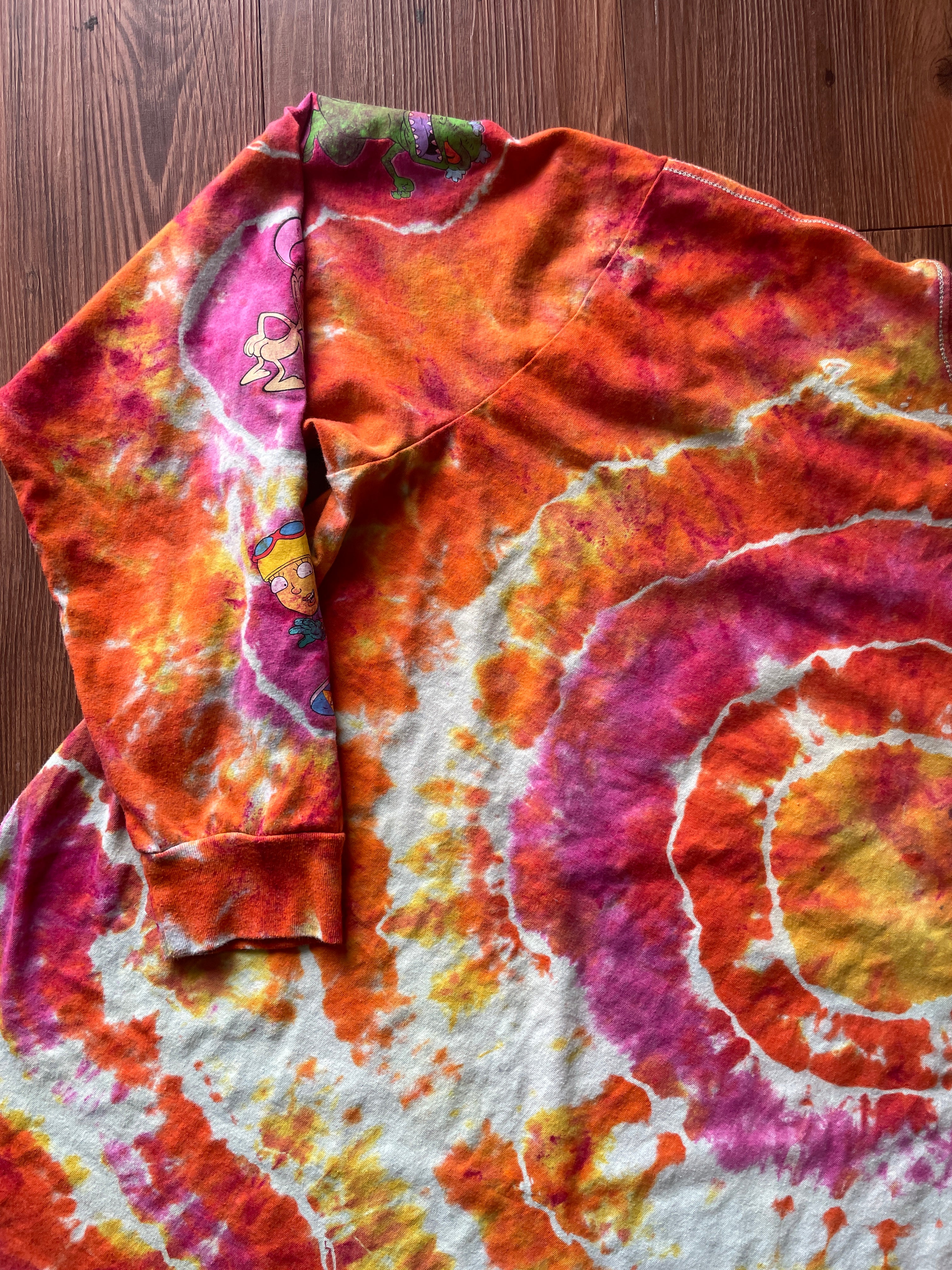 LARGE Men’s 90s Nickelodeon Characters Handmade Geode Tie Dye T-Shirt | Orange, Pink, and Yellow Long Sleeve Tee