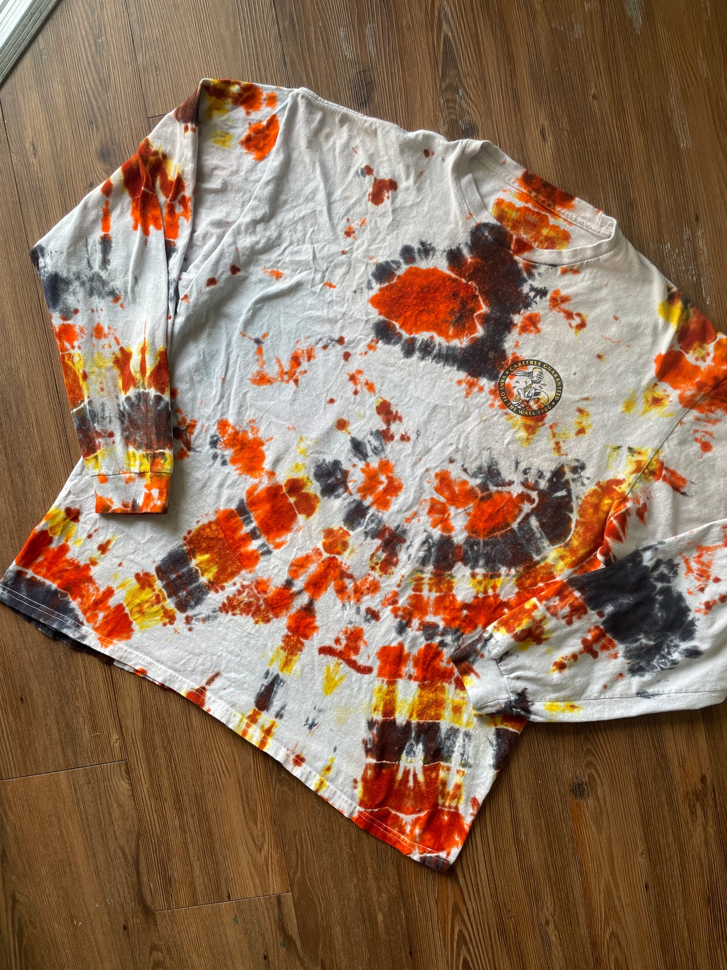 2XL Men’s Vans Skeleton Carefree Guaranteed Handmade Geode Tie Dye T-Shirt | Orange, Yellow, and Black Long Sleeve Tee