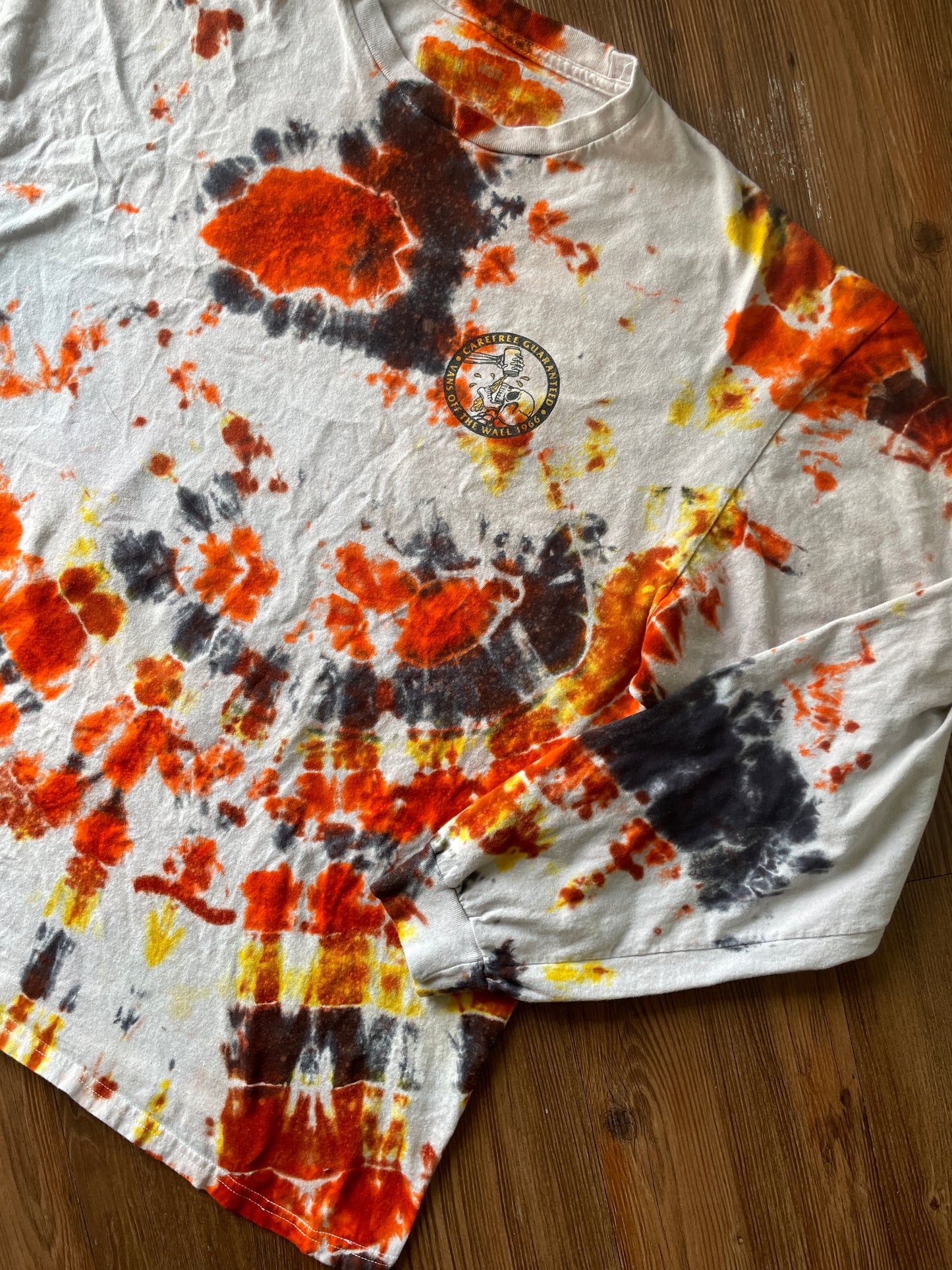 2XL Men’s Vans Skeleton Carefree Guaranteed Handmade Geode Tie Dye T-Shirt | Orange, Yellow, and Black Long Sleeve Tee