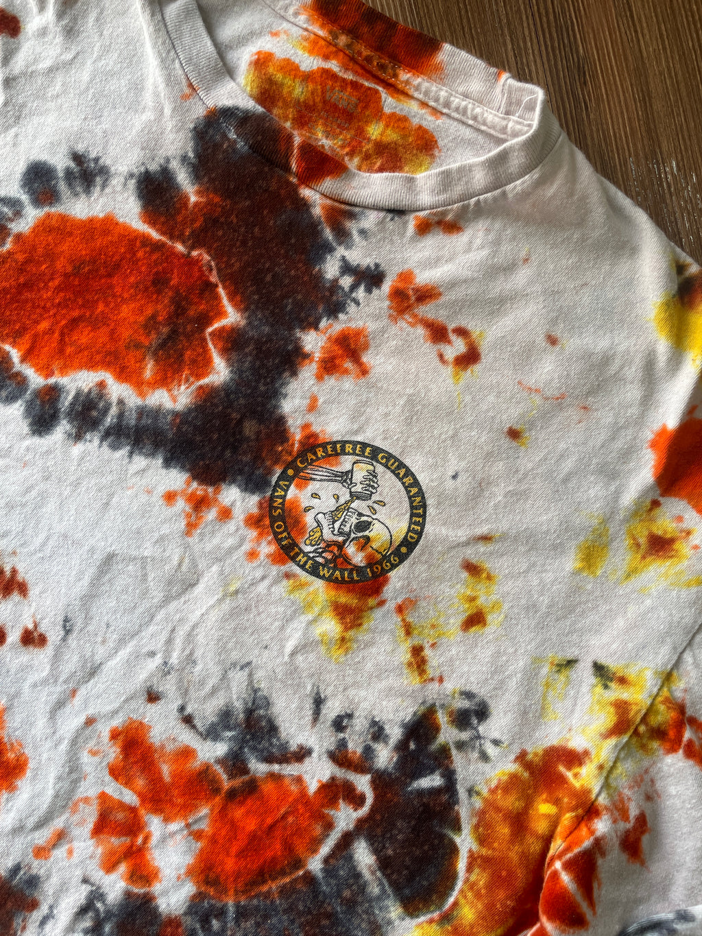 2XL Men’s Vans Skeleton Carefree Guaranteed Handmade Geode Tie Dye T-Shirt | Orange, Yellow, and Black Long Sleeve Tee
