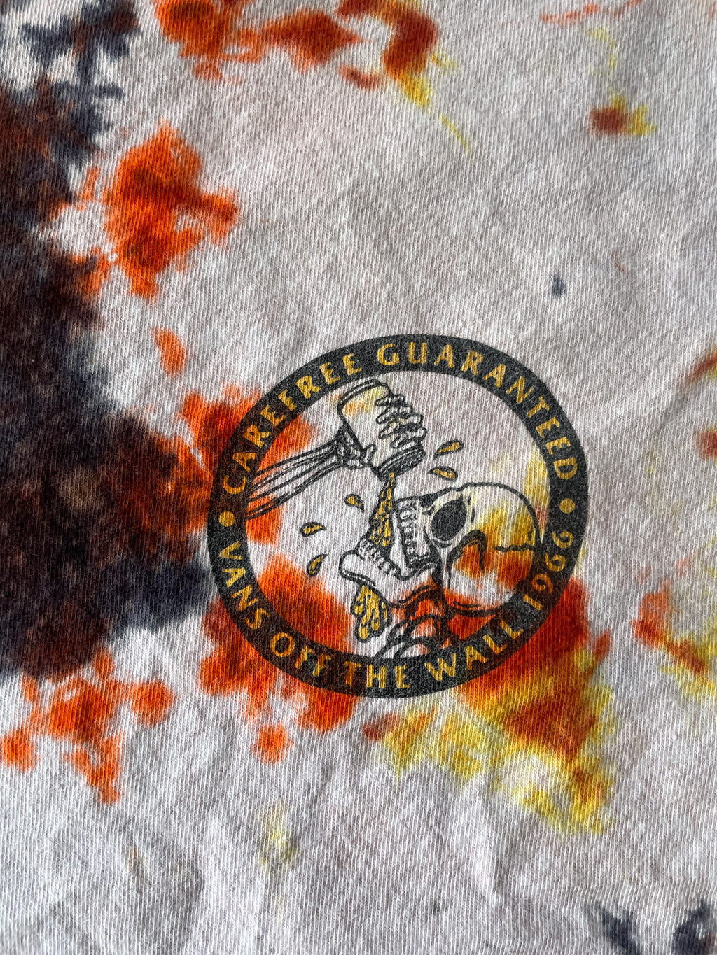 2XL Men’s Vans Skeleton Carefree Guaranteed Handmade Geode Tie Dye T-Shirt | Orange, Yellow, and Black Long Sleeve Tee