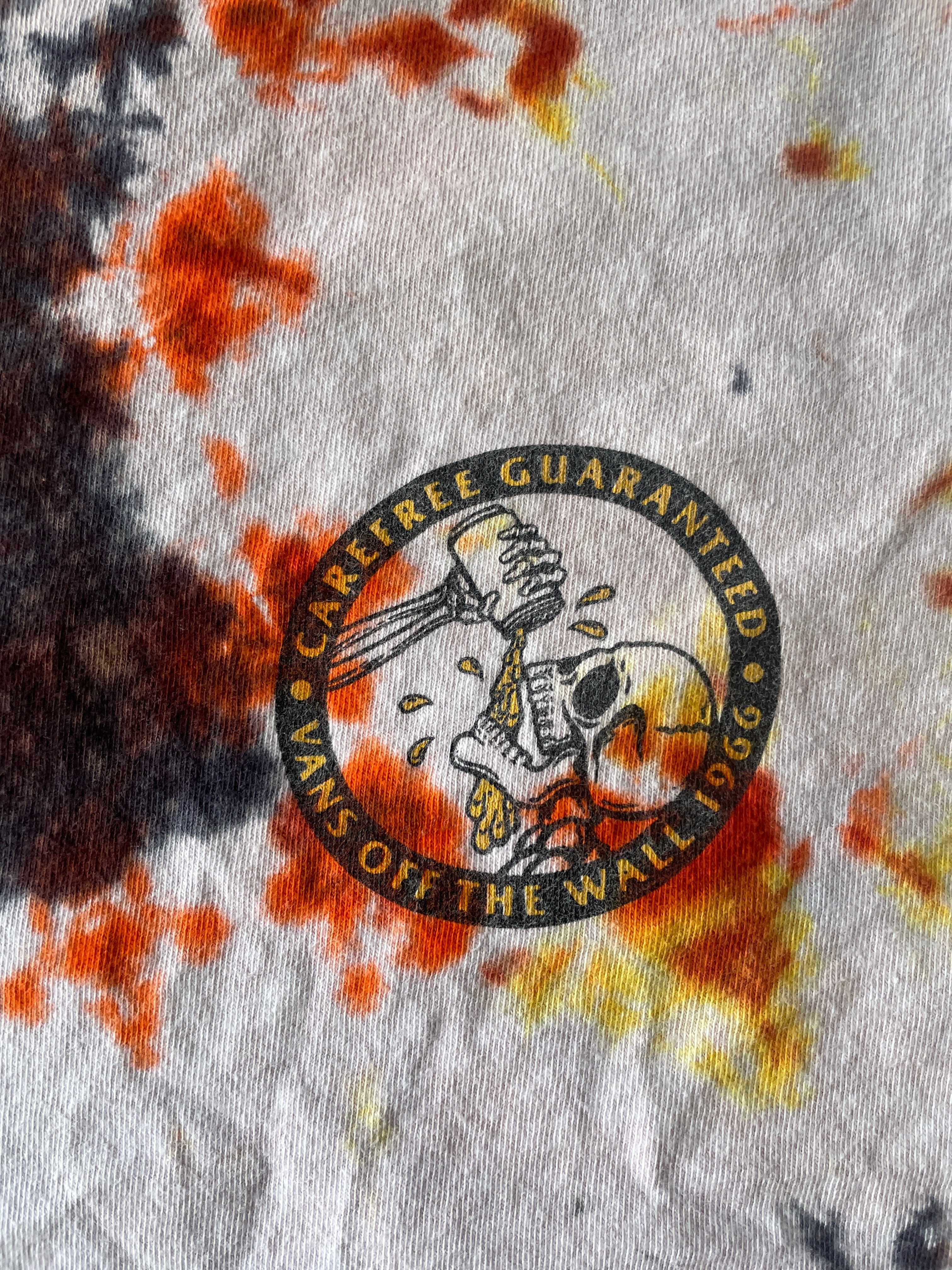2XL Men’s Vans Skeleton Carefree Guaranteed Handmade Geode Tie Dye T-Shirt | Orange, Yellow, and Black Long Sleeve Tee