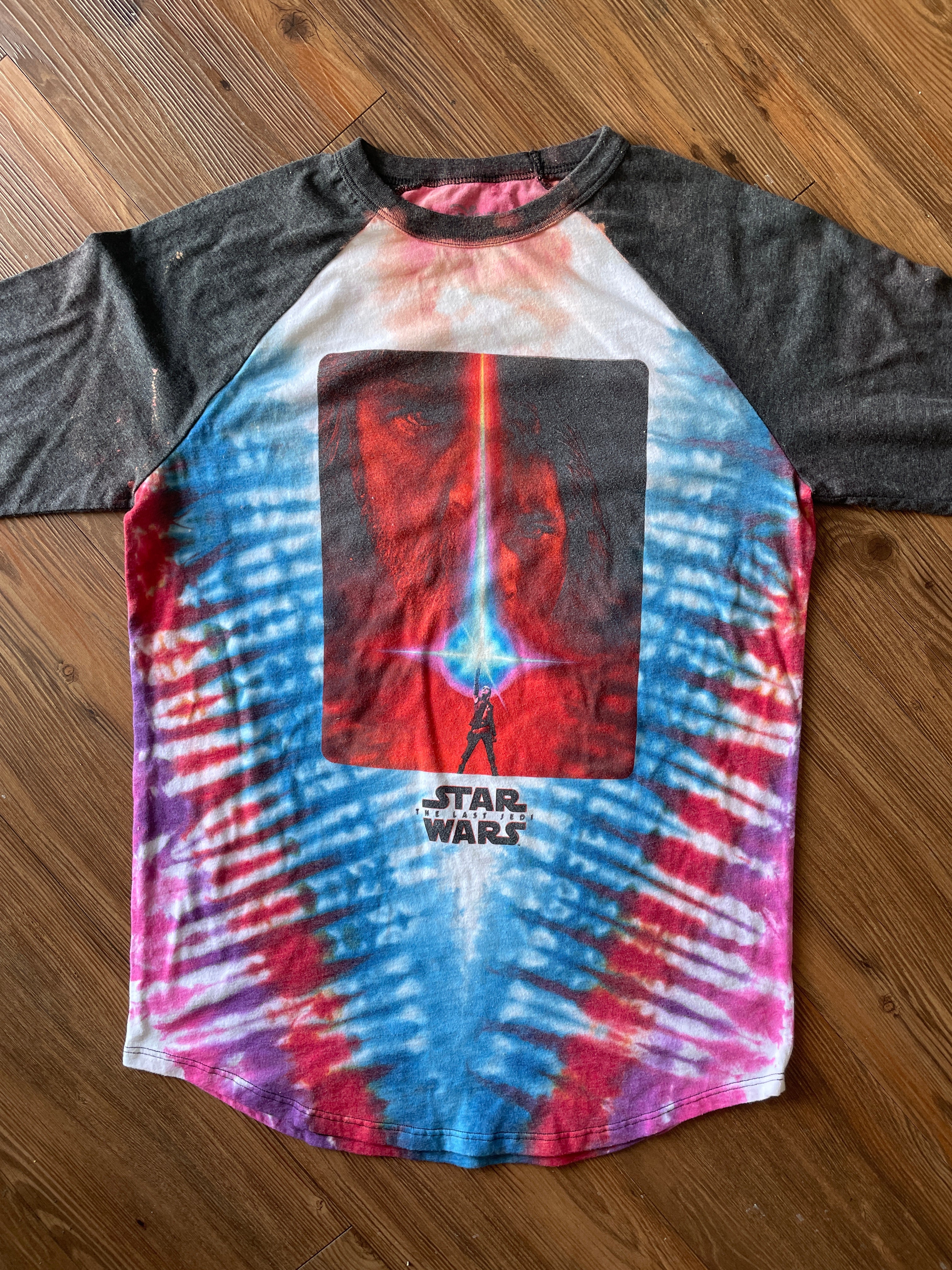 Small/Medium Women’s Star Wars The Last Jedi Handmade Tie Dye T-Shirt | Lucas Films Blue and Red Pleated Tie Dye Baseball 3/4 Sleeve