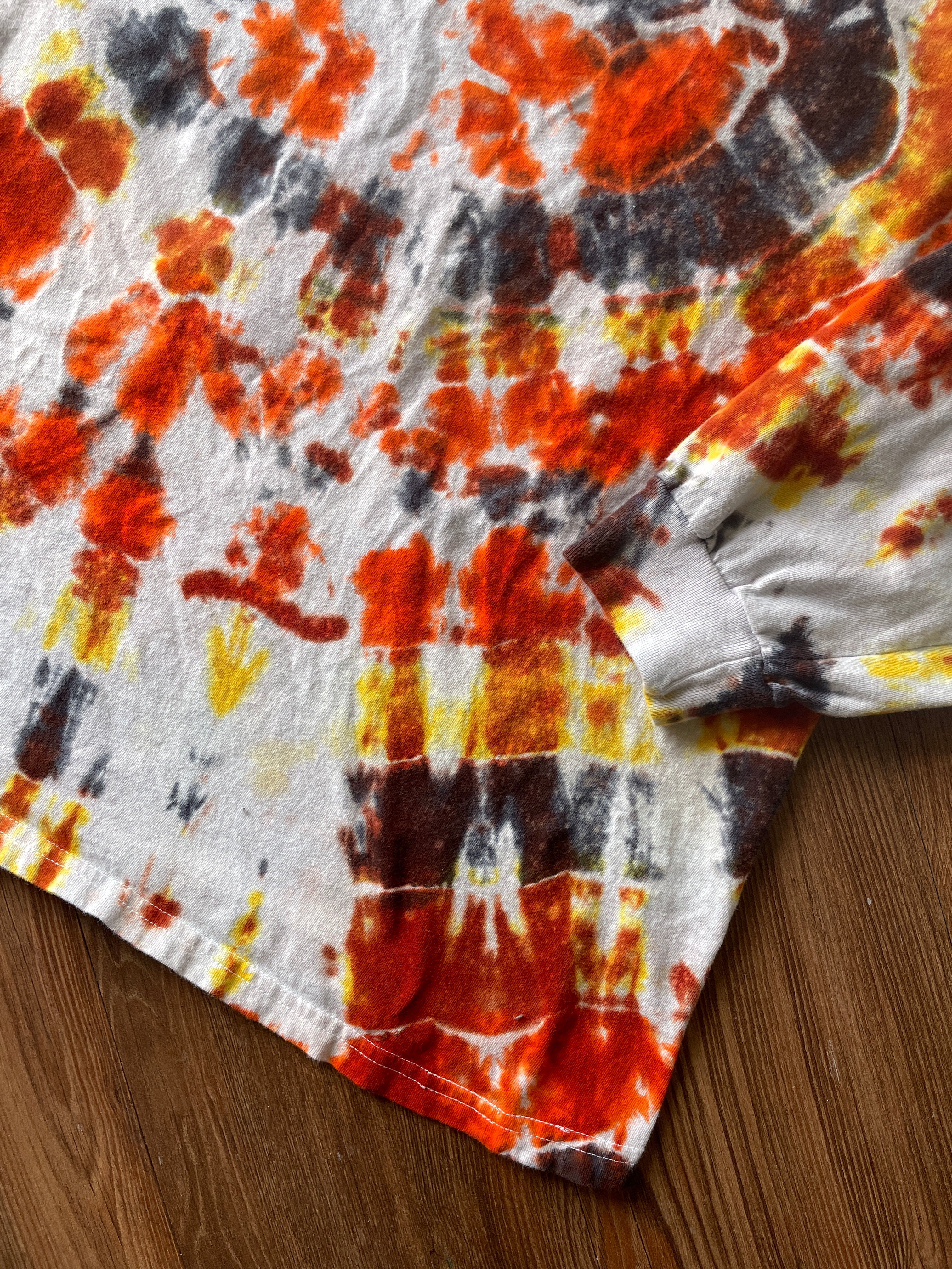 2XL Men’s Vans Skeleton Carefree Guaranteed Handmade Geode Tie Dye T-Shirt | Orange, Yellow, and Black Long Sleeve Tee