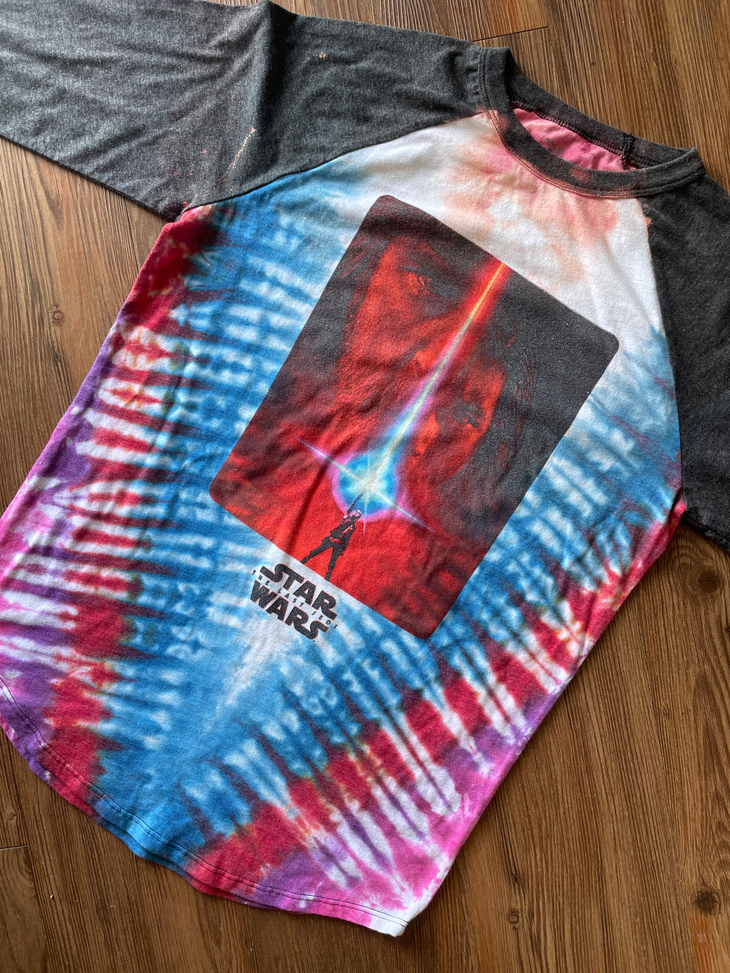 Small/Medium Women’s Star Wars The Last Jedi Handmade Tie Dye T-Shirt | Lucas Films Blue and Red Pleated Tie Dye Baseball 3/4 Sleeve