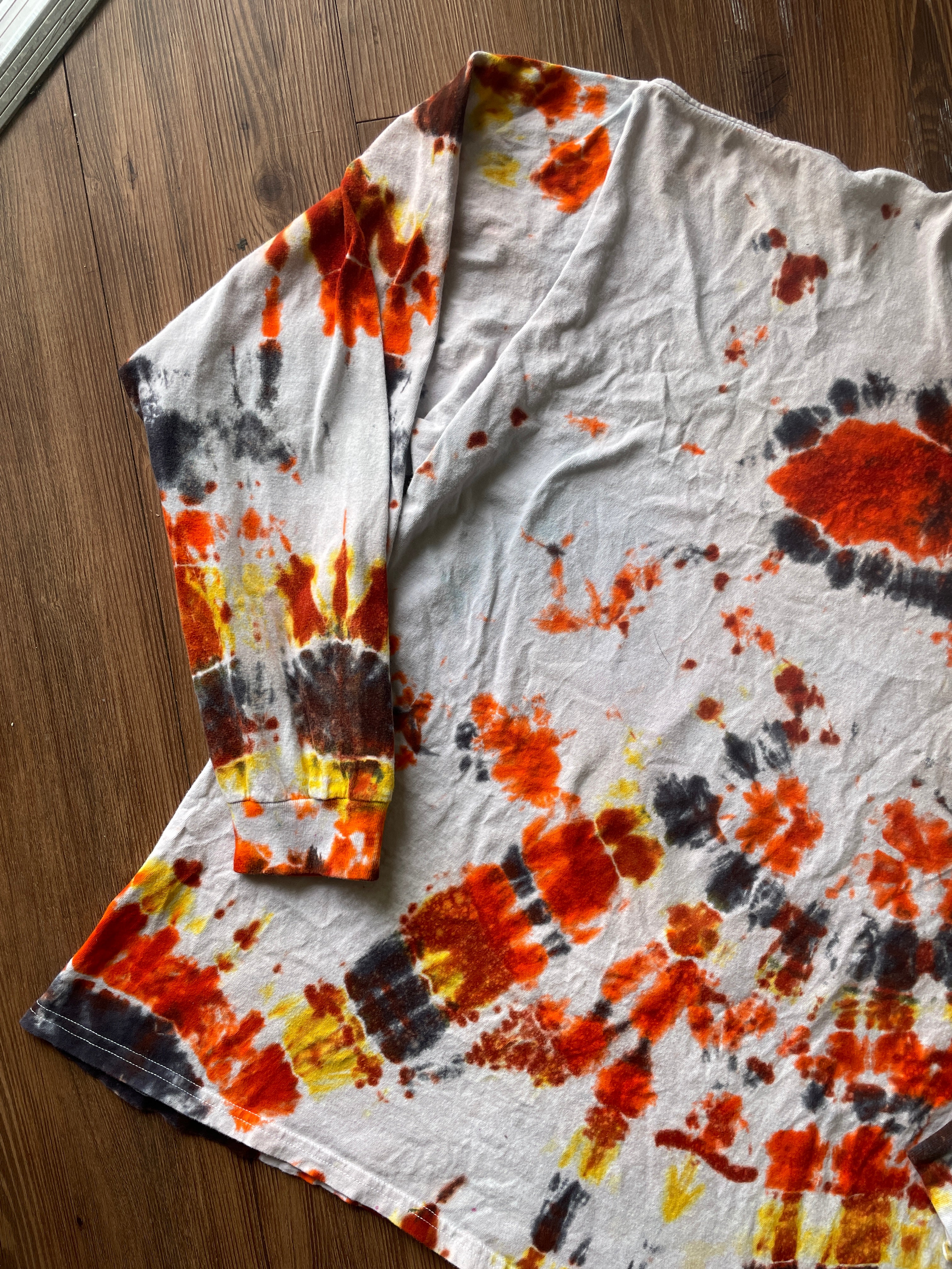 2XL Men’s Vans Skeleton Carefree Guaranteed Handmade Geode Tie Dye T-Shirt | Orange, Yellow, and Black Long Sleeve Tee